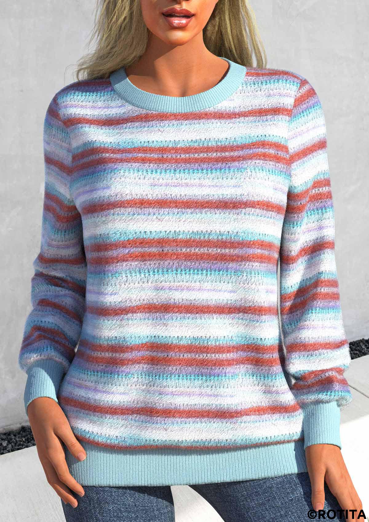 ROTITA Light Blue Round Neck Patchwork Long Sleeve Sweatshirt