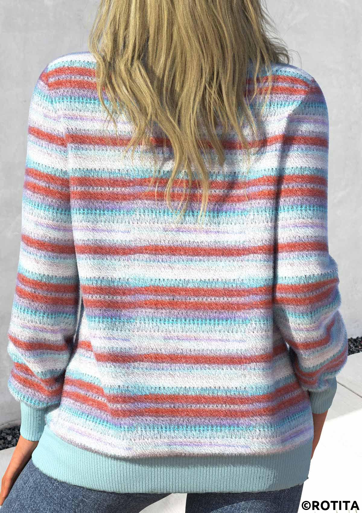 ROTITA Light Blue Round Neck Patchwork Long Sleeve Sweatshirt