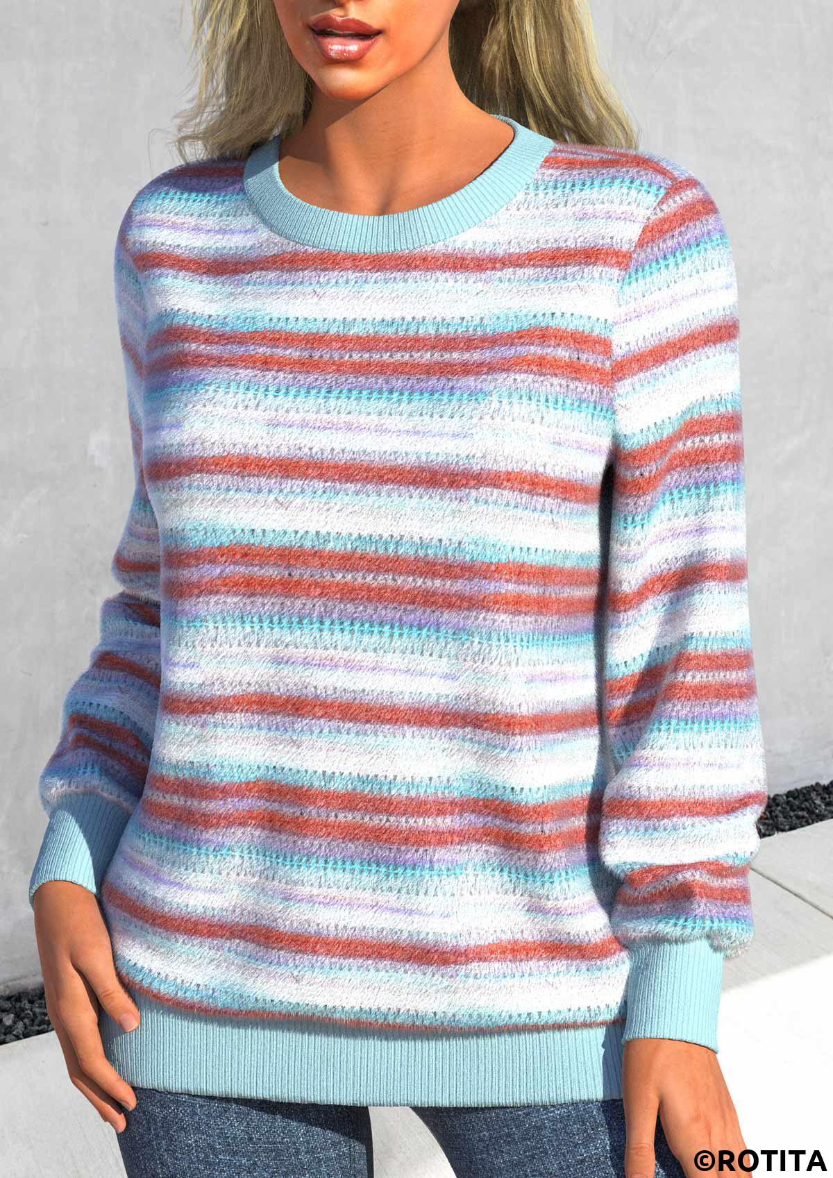 ROTITA Light Blue Round Neck Patchwork Long Sleeve Sweatshirt