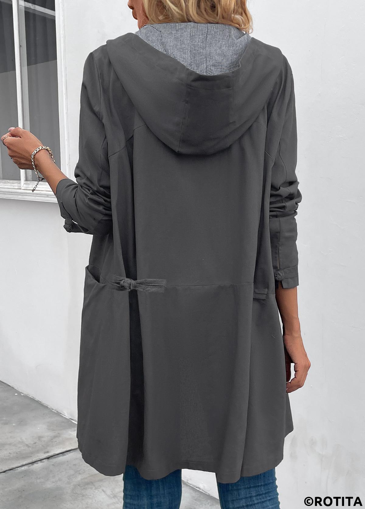 Dark Grey tops,Plain Color tops,ROTITA Pocket Dark Grey Hooded Long Sleeve Coat