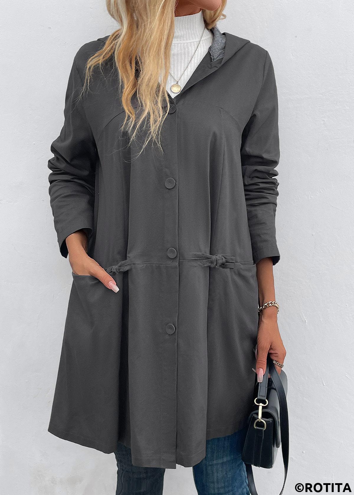 Dark Grey tops,Plain Color tops,ROTITA Pocket Dark Grey Hooded Long Sleeve Coat