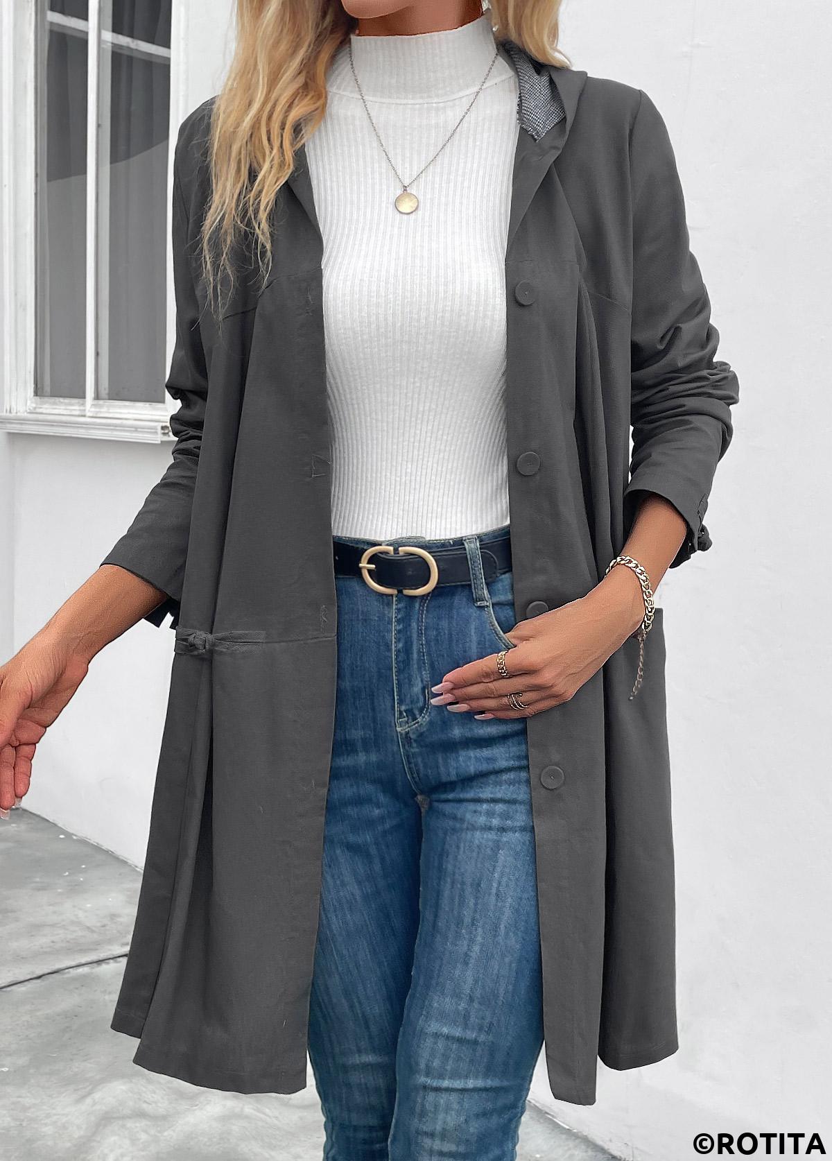 Dark Grey tops,Plain Color tops,ROTITA Pocket Dark Grey Hooded Long Sleeve Coat