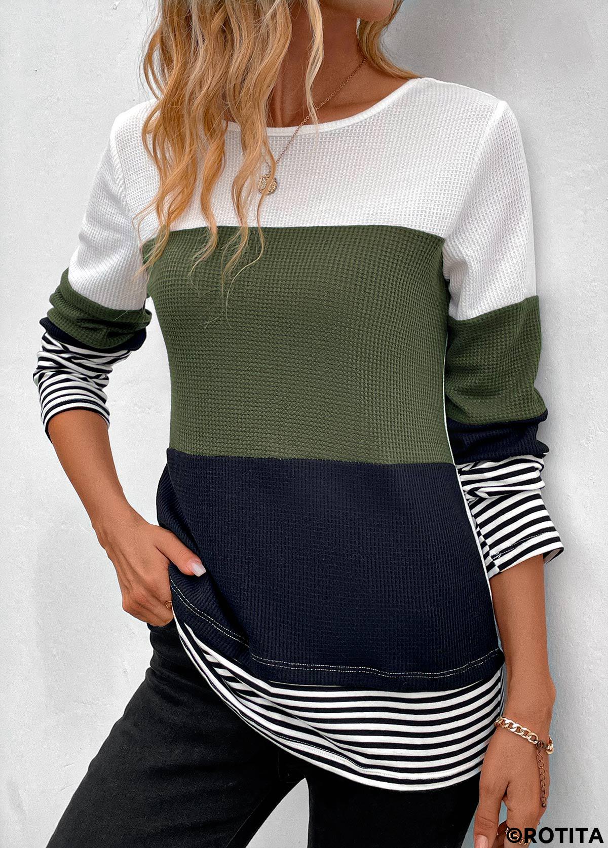 Olive Green tops,Navy tops,Striped tops,Geometric tops,ROTITA Patchwork Striped Olive Green Round Neck T Shirt