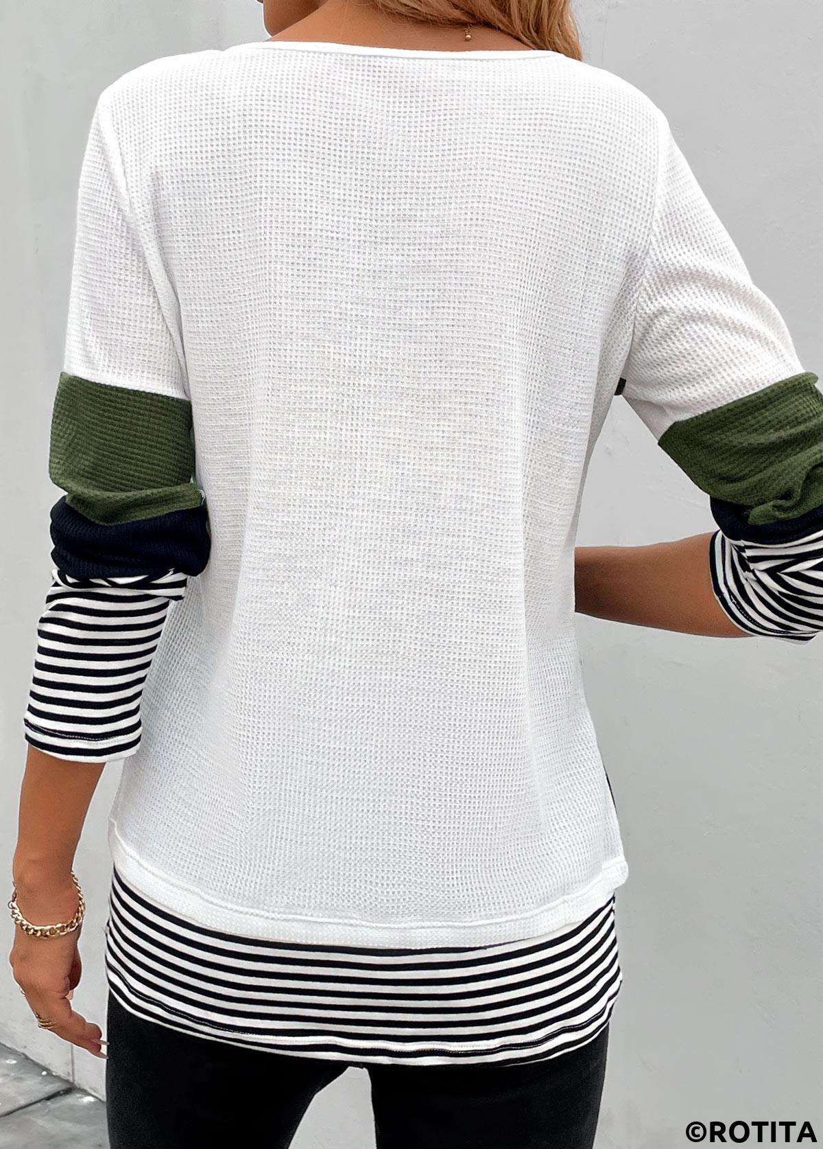 Olive Green tops,Navy tops,Striped tops,Geometric tops,ROTITA Patchwork Striped Olive Green Round Neck T Shirt