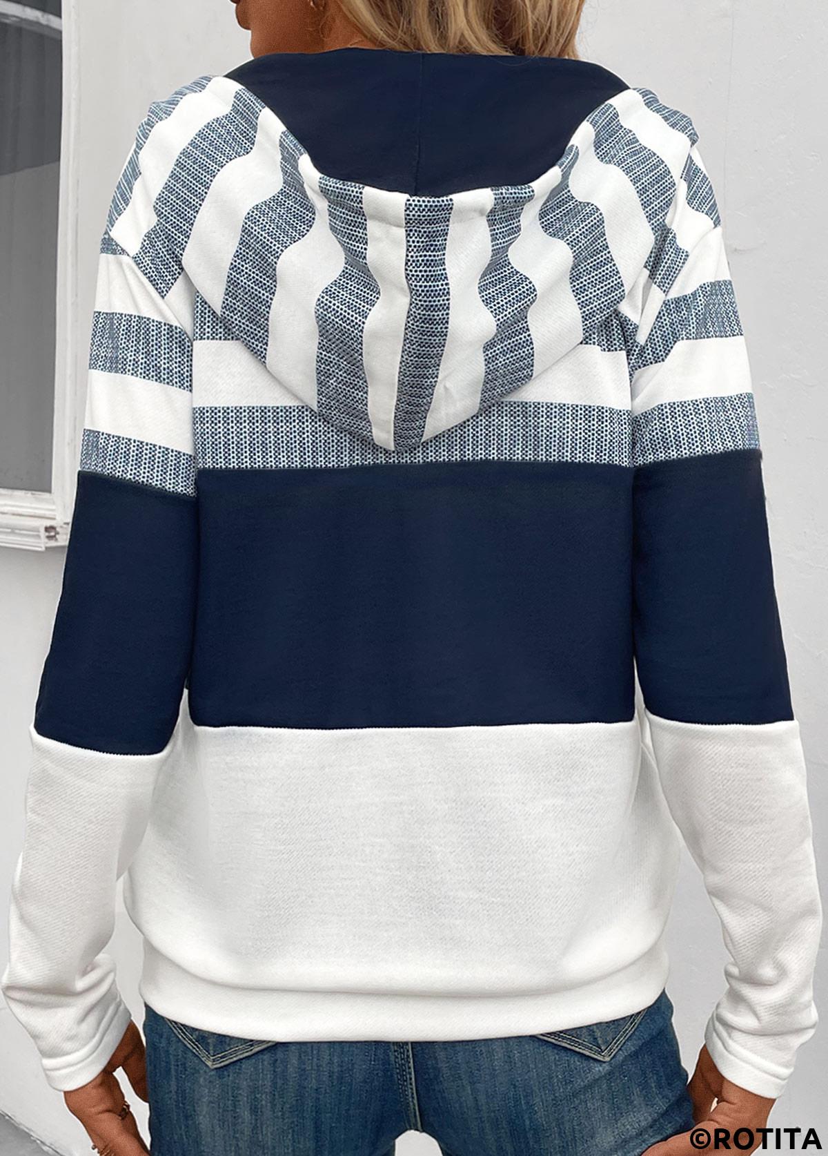 Navy tops,White tops,Striped tops,Geometric tops,ROTITA Pocket Striped Navy Hooded Long Sleeve Coat