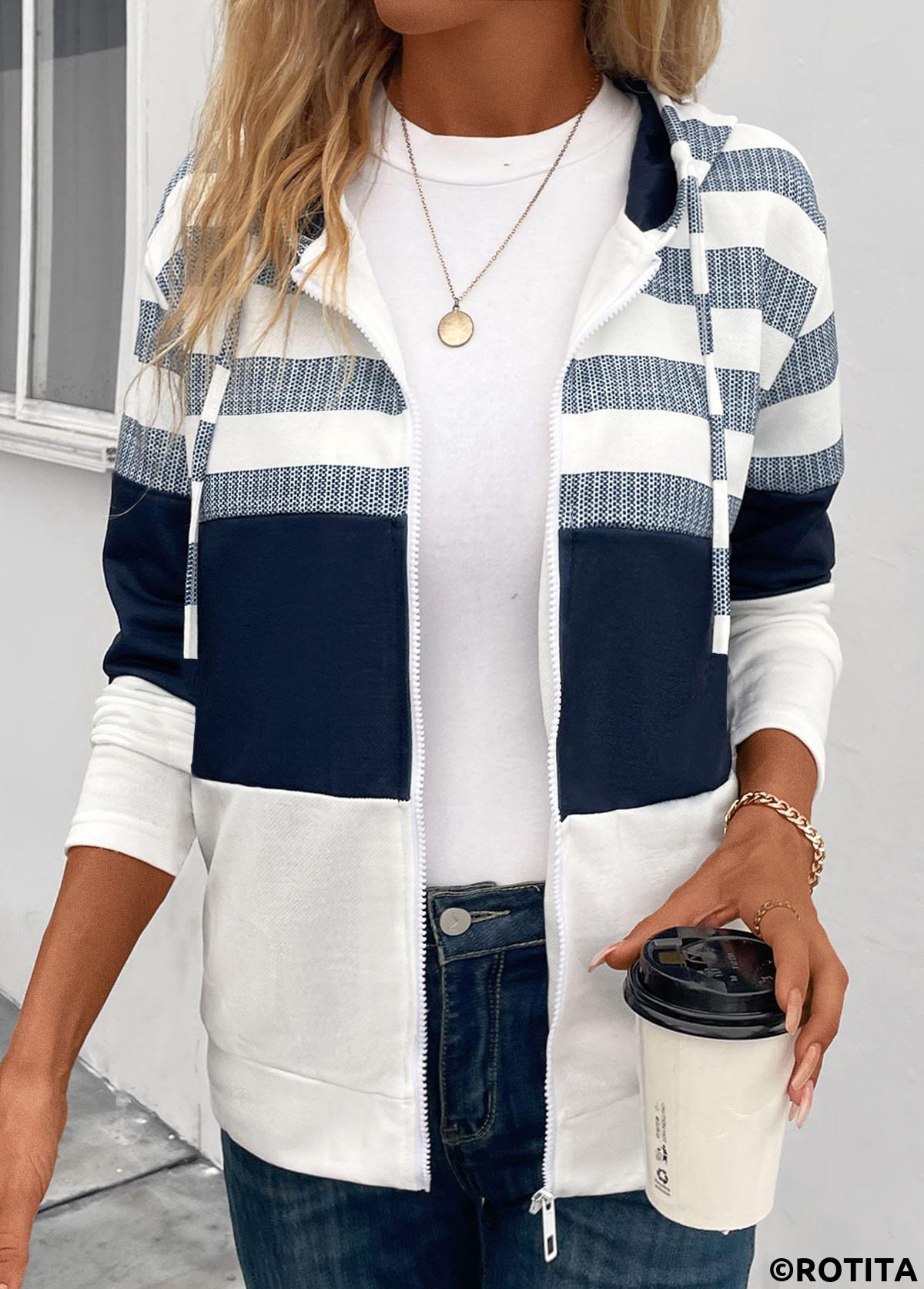 Navy tops,White tops,Striped tops,Geometric tops,ROTITA Pocket Striped Navy Hooded Long Sleeve Coat