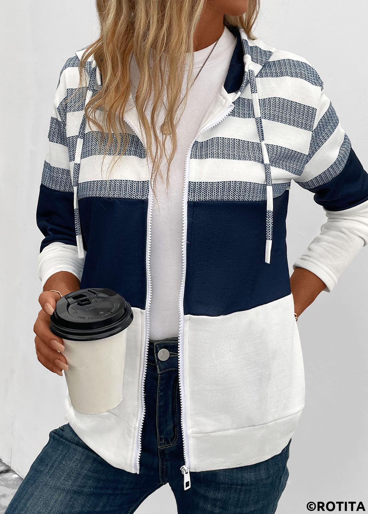 Navy tops,White tops,Striped tops,Geometric tops,ROTITA Pocket Striped Navy Hooded Long Sleeve Coat