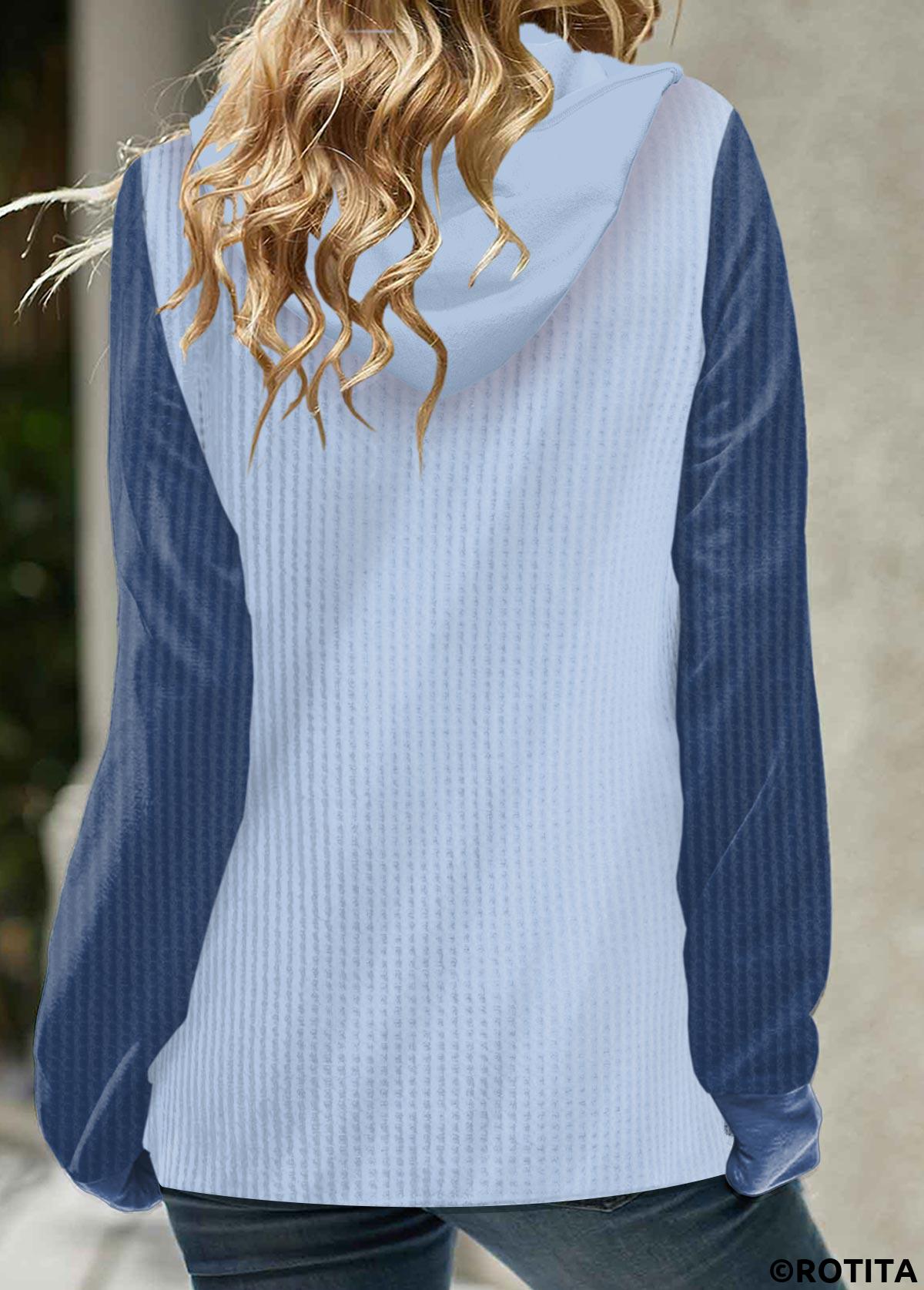 Denim Blue tops,Tribal tops,Geometric tops,ROTITA Asymmetry Patchwork Denim Blue Long Sleeve Hoodie