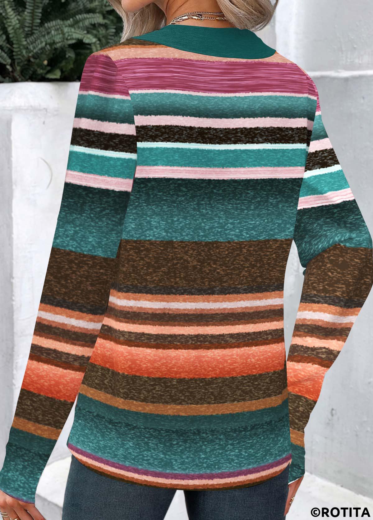Multi Color tops,Striped tops,Geometric tops,ROTITA Patchwork Striped Multi Color Asymmetrical Neck Long Sleeve Sweatshirt