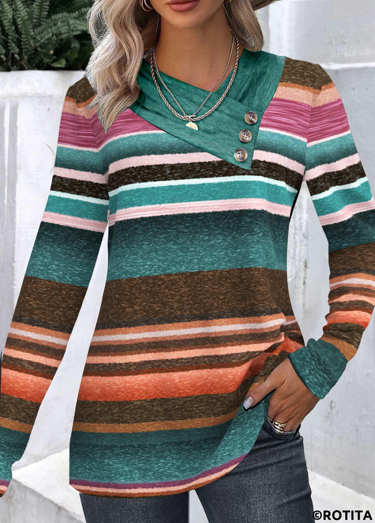 Multi Color tops,Striped tops,Geometric tops,ROTITA Patchwork Striped Multi Color Asymmetrical Neck Long Sleeve Sweatshirt