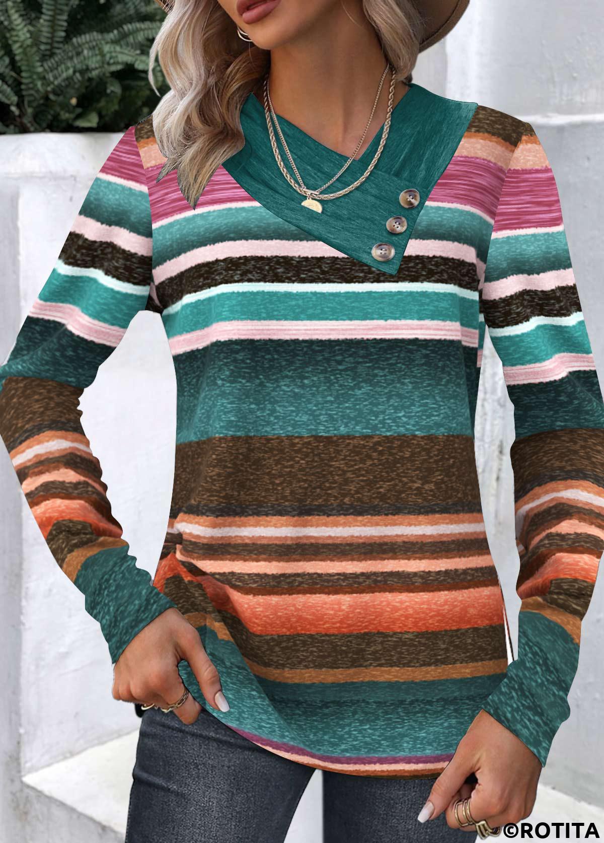 Multi Color tops,Striped tops,Geometric tops,ROTITA Patchwork Striped Multi Color Asymmetrical Neck Long Sleeve Sweatshirt