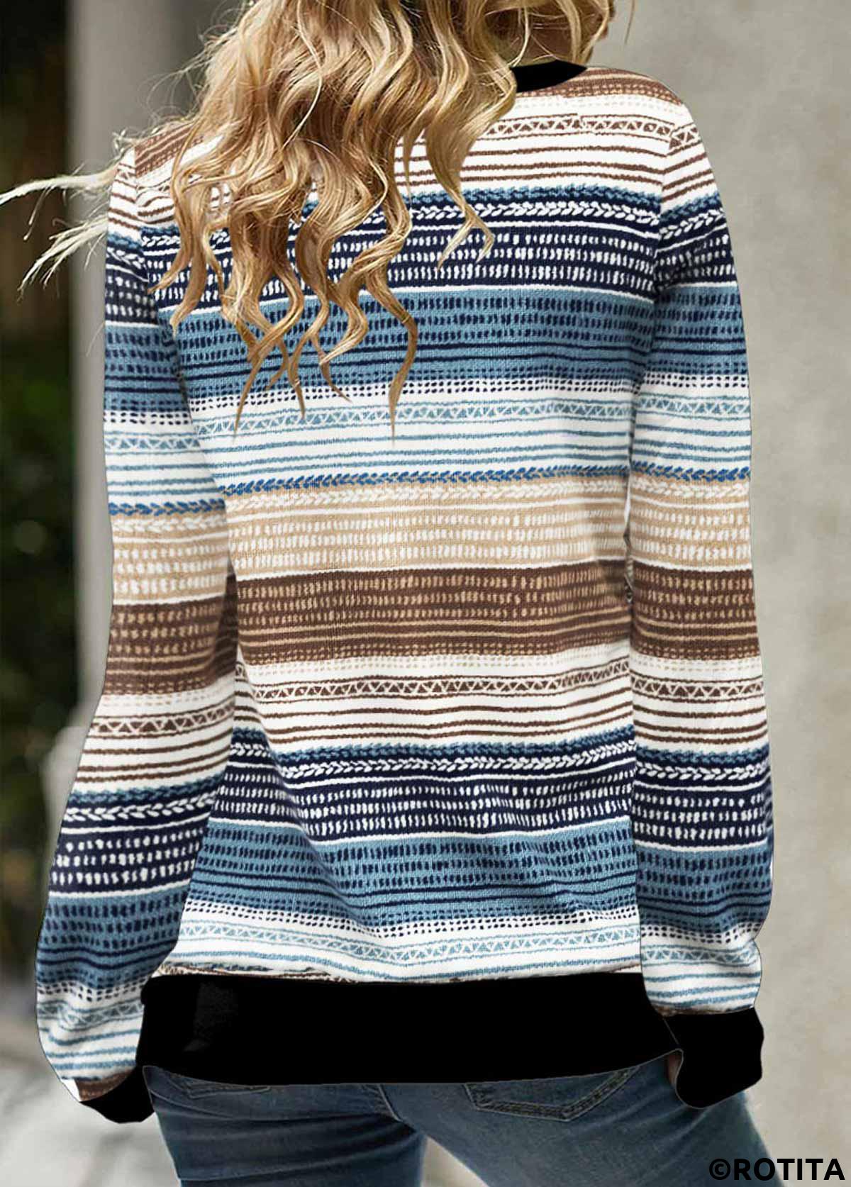 Blue tops,Multi Color tops,Geometric tops,Striped tops,ROTITA Geometric Print Blue Cowl Neck Long Sleeve Sweatshirt