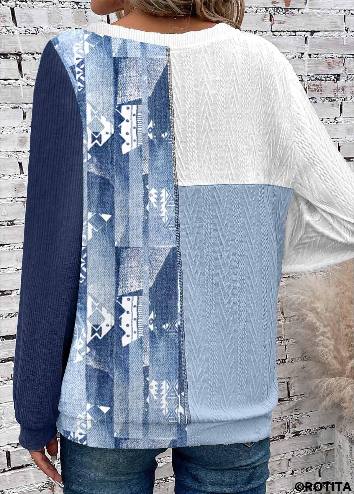 Dusty Blue tops,White tops,Tribal tops,Striped tops,ROTITA Patchwork Round Neck Long Sleeve Dusty Blue Sweatshirt