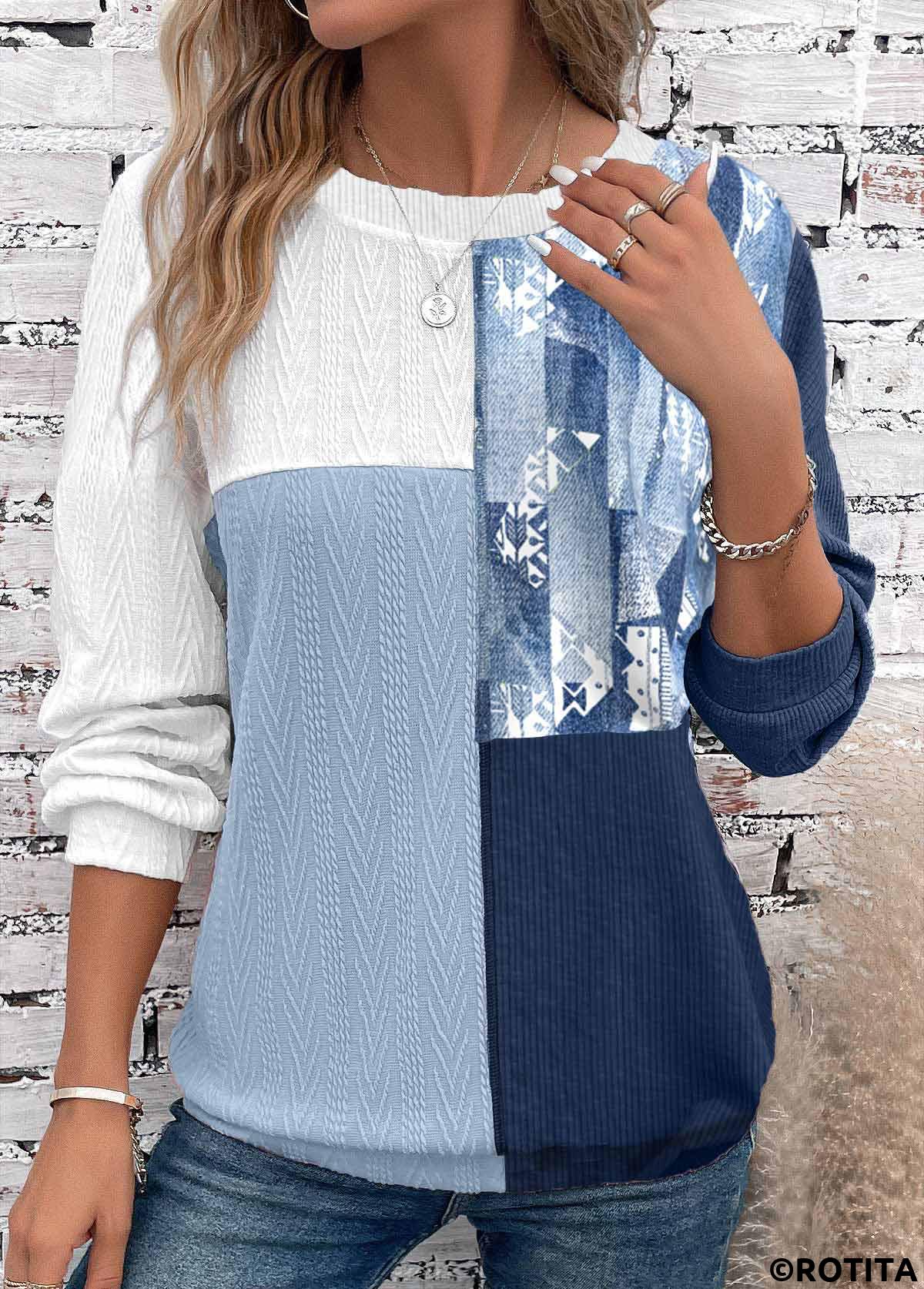 Dusty Blue tops,White tops,Tribal tops,Striped tops,ROTITA Patchwork Round Neck Long Sleeve Dusty Blue Sweatshirt
