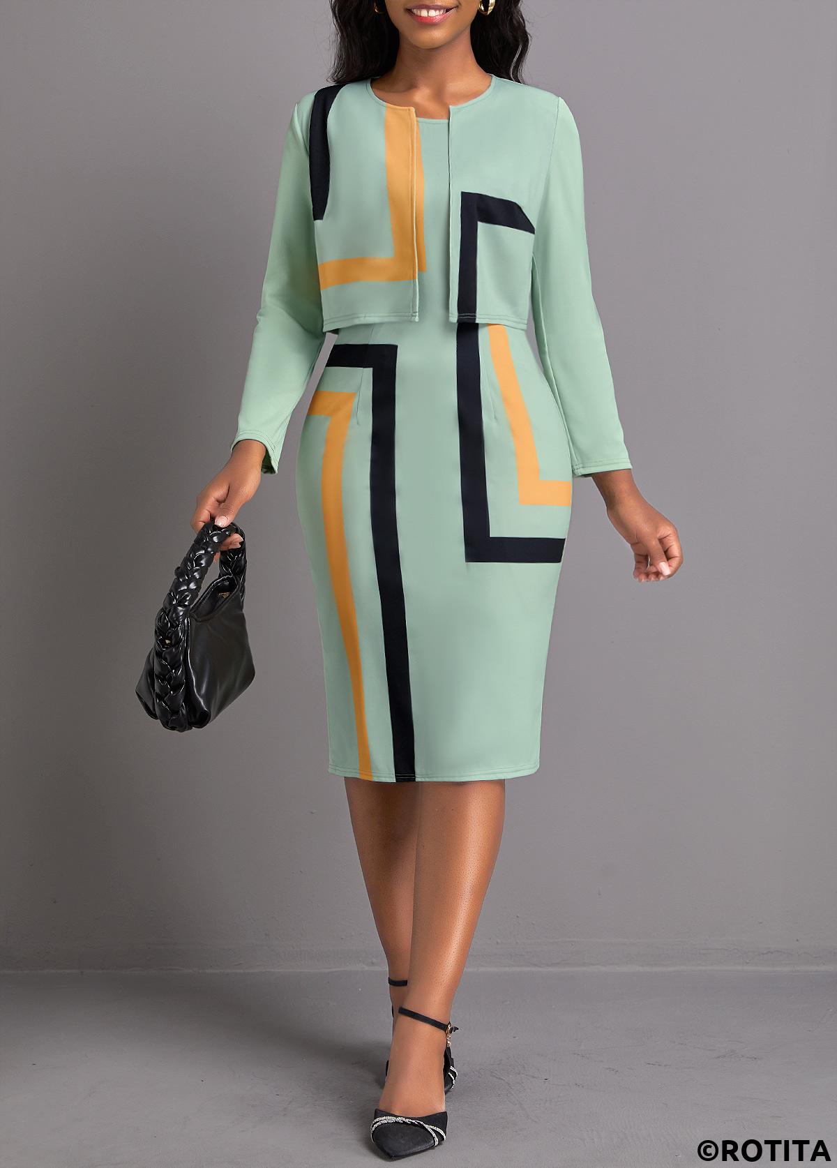 robe et cardigan vert sauge à imprimé géométrique deux pièces rotita