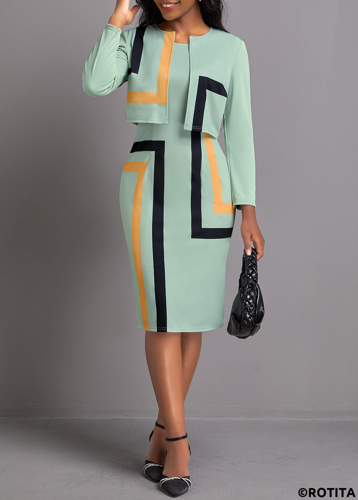 Sage Green plus size,Geometric plus size,Striped plus size,ROTITA Plus Size Two Piece Sage Green Dress and Cardigan