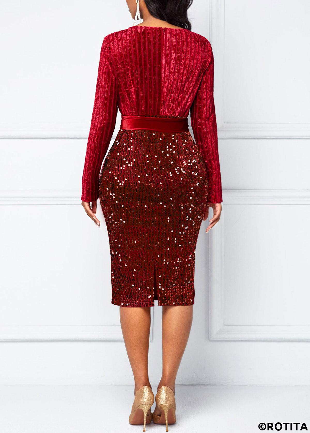 Wine Red dresses,Plain Color dresses,Party dresses,Elegant dresses,ROTITA Velvet Wine Red Belted Cross Collar Dress