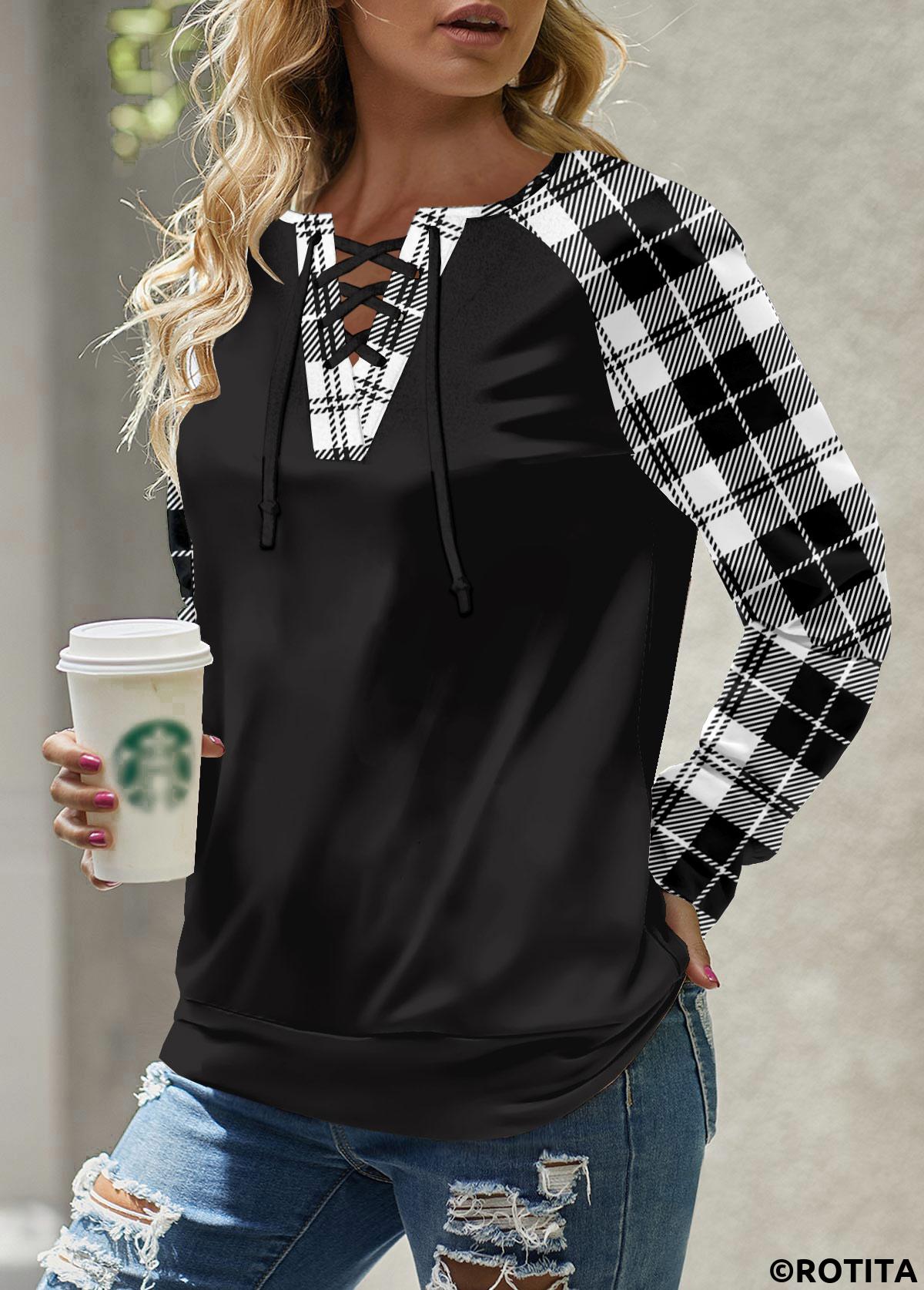 Black tops,Plaid tops,Striped tops,ROTITA Lace Up Plaid Black Round Neck Long Sleeve Sweatshirt