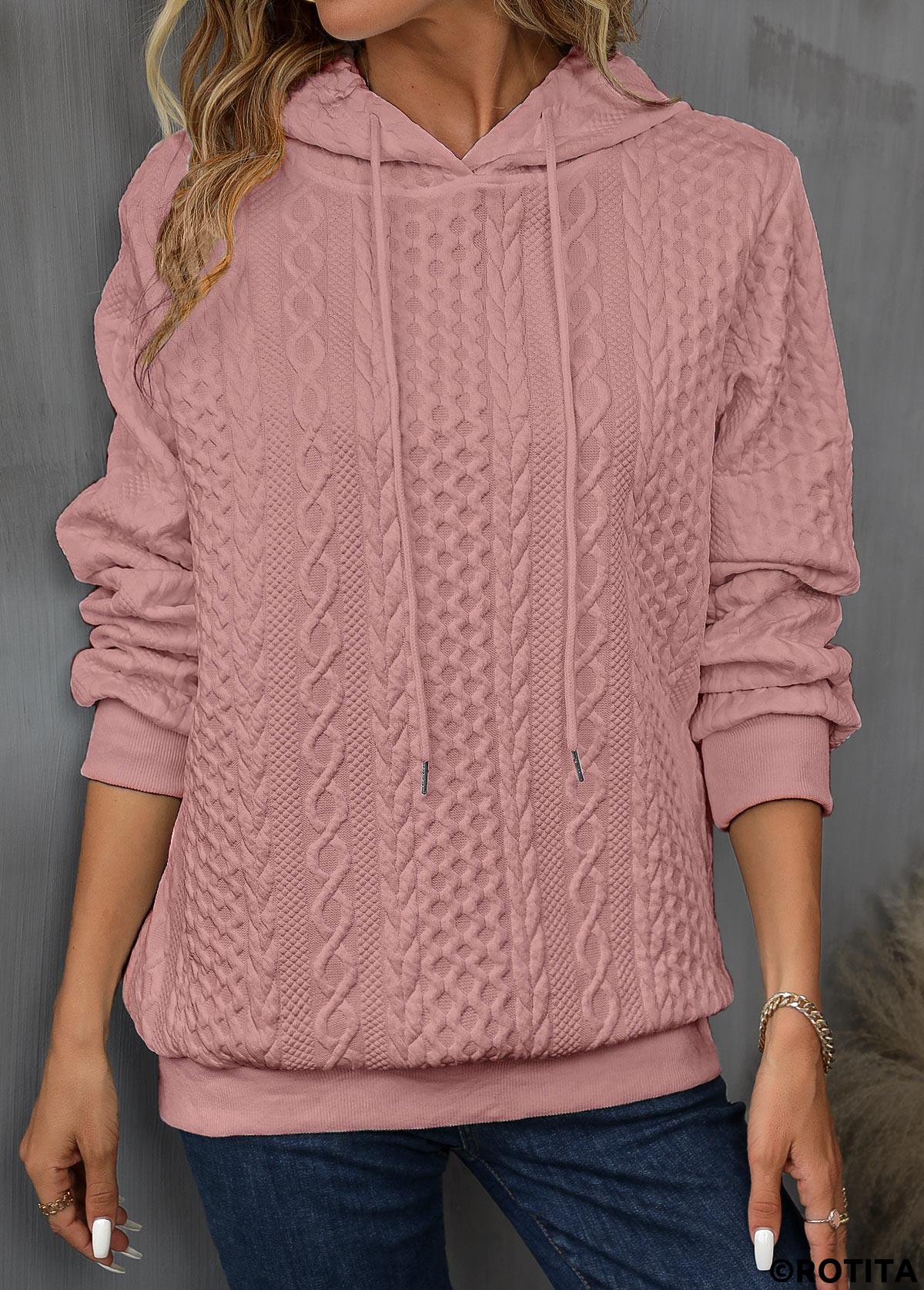 Pink tops,Plain Color tops,Drawstring Patchwork Pink Long Sleeve Hoodie