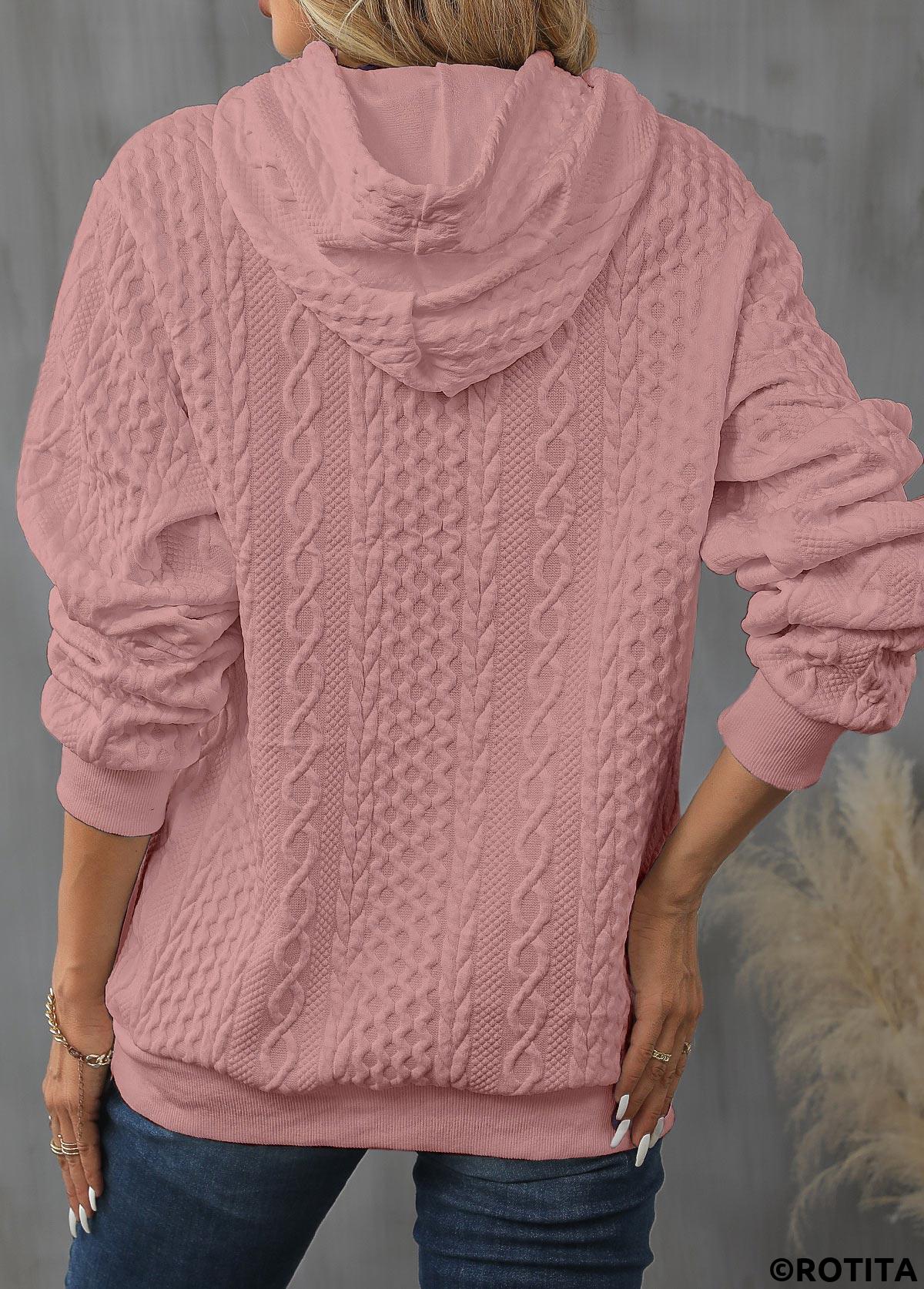 Pink tops,Plain Color tops,Drawstring Patchwork Pink Long Sleeve Hoodie