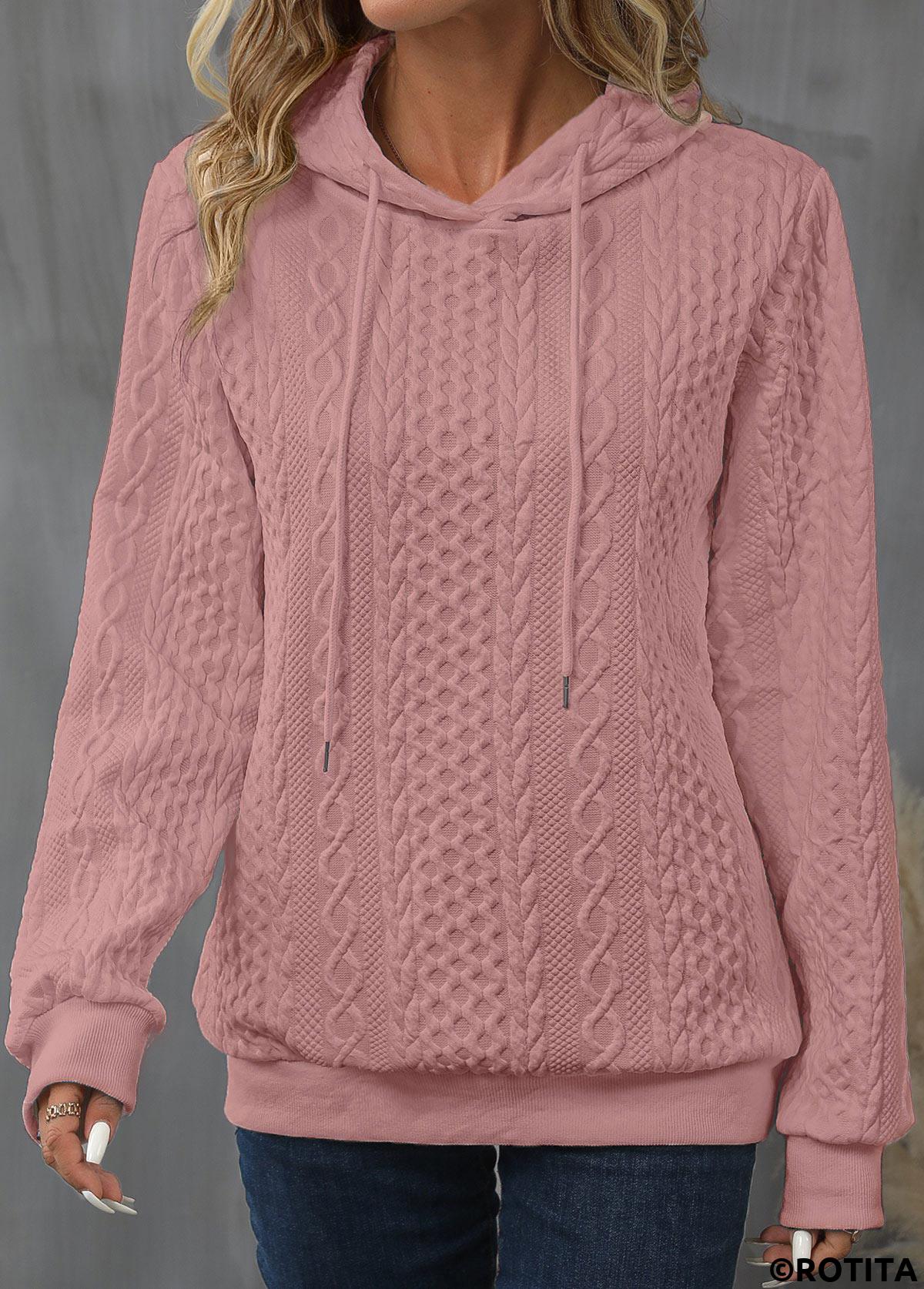 Pink tops,Plain Color tops,Drawstring Patchwork Pink Long Sleeve Hoodie