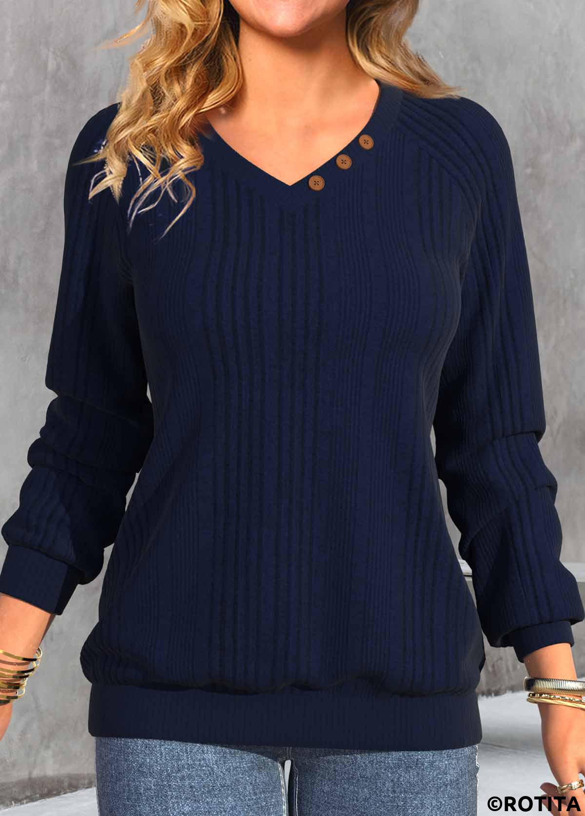 Navy tops,Plain Color tops,ROTITA Button Navy V Neck Long Sleeve Sweatshirt