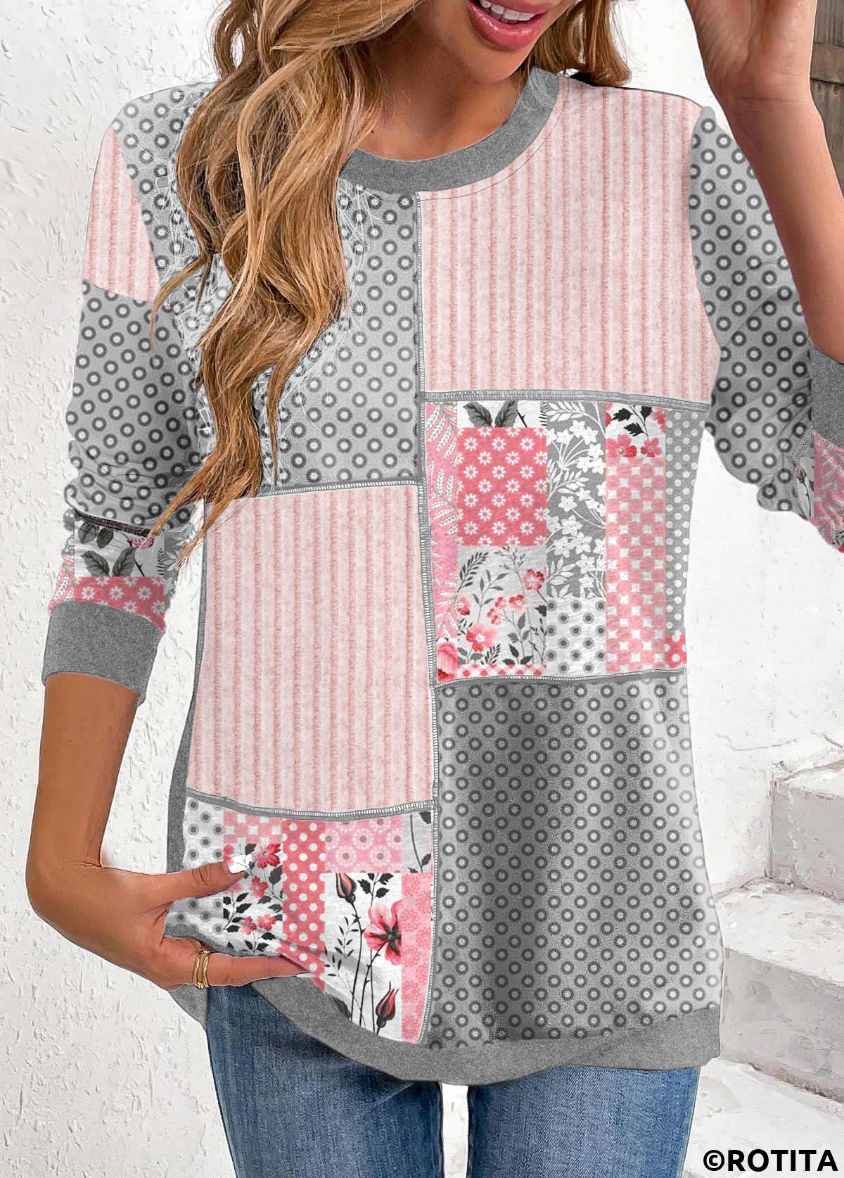 Light Pink tops,Geometric tops,Striped tops,Plants tops,Floral tops,ROTITA Patchwork Geometric Print Light Pink Round Neck Sweatshirt