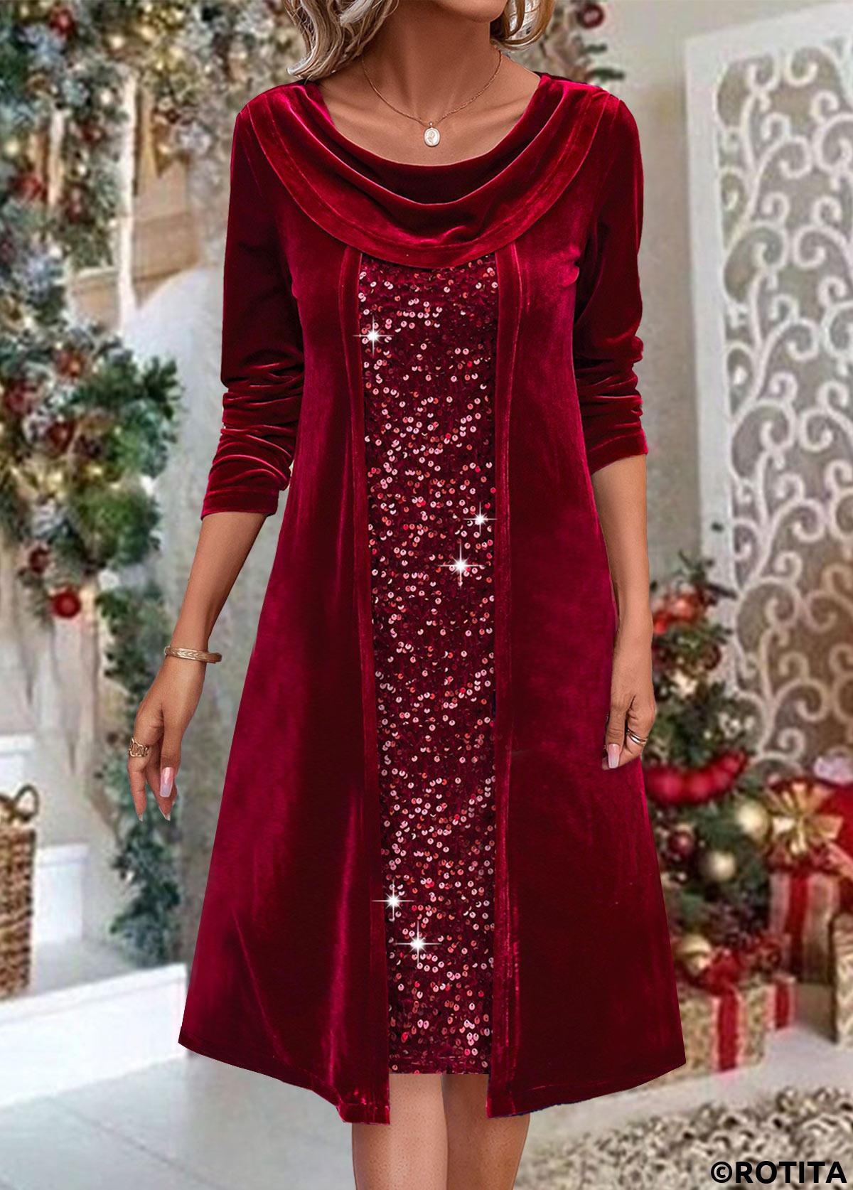 Wine Red dresses,Plain Color dresses,Everyday dresses,Casual dresses,ROTITA Sequin Wine Red A Line Draped Neck Dress