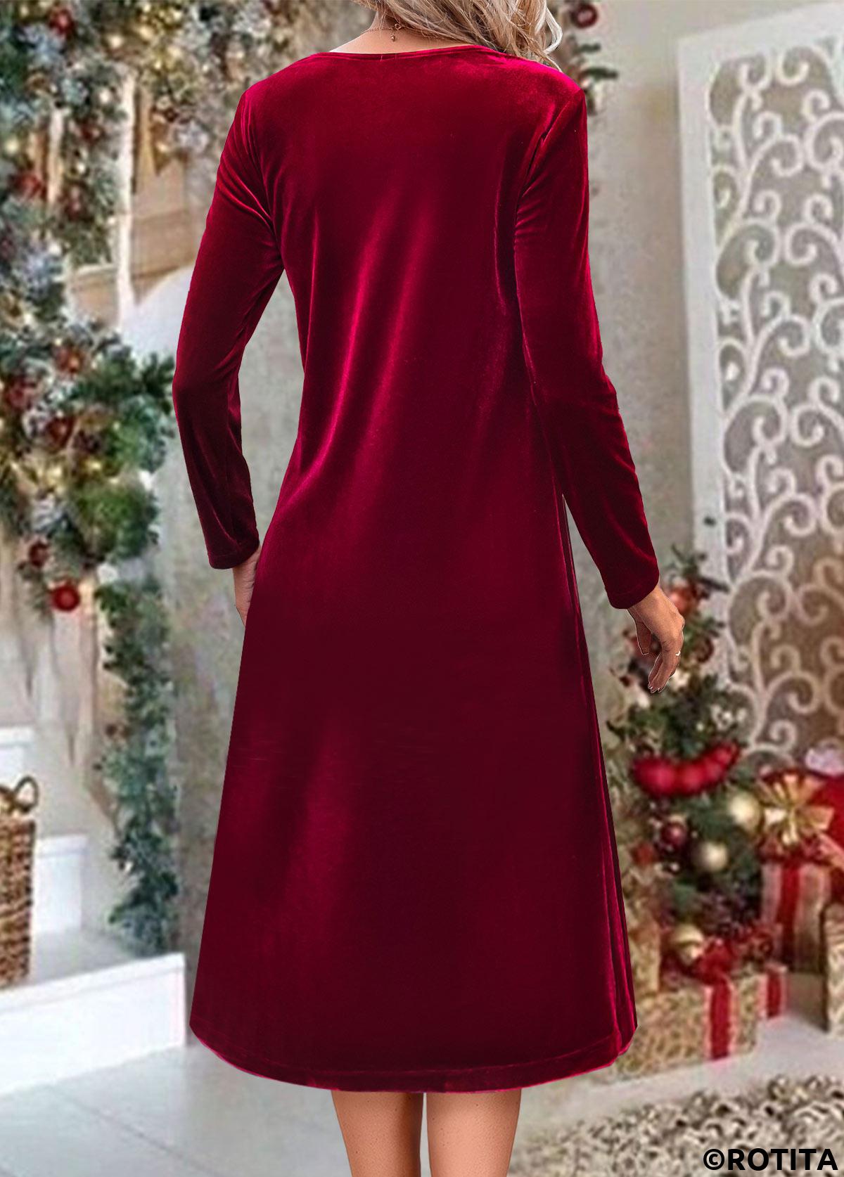 Wine Red dresses,Plain Color dresses,Everyday dresses,Casual dresses,ROTITA Sequin Wine Red A Line Draped Neck Dress