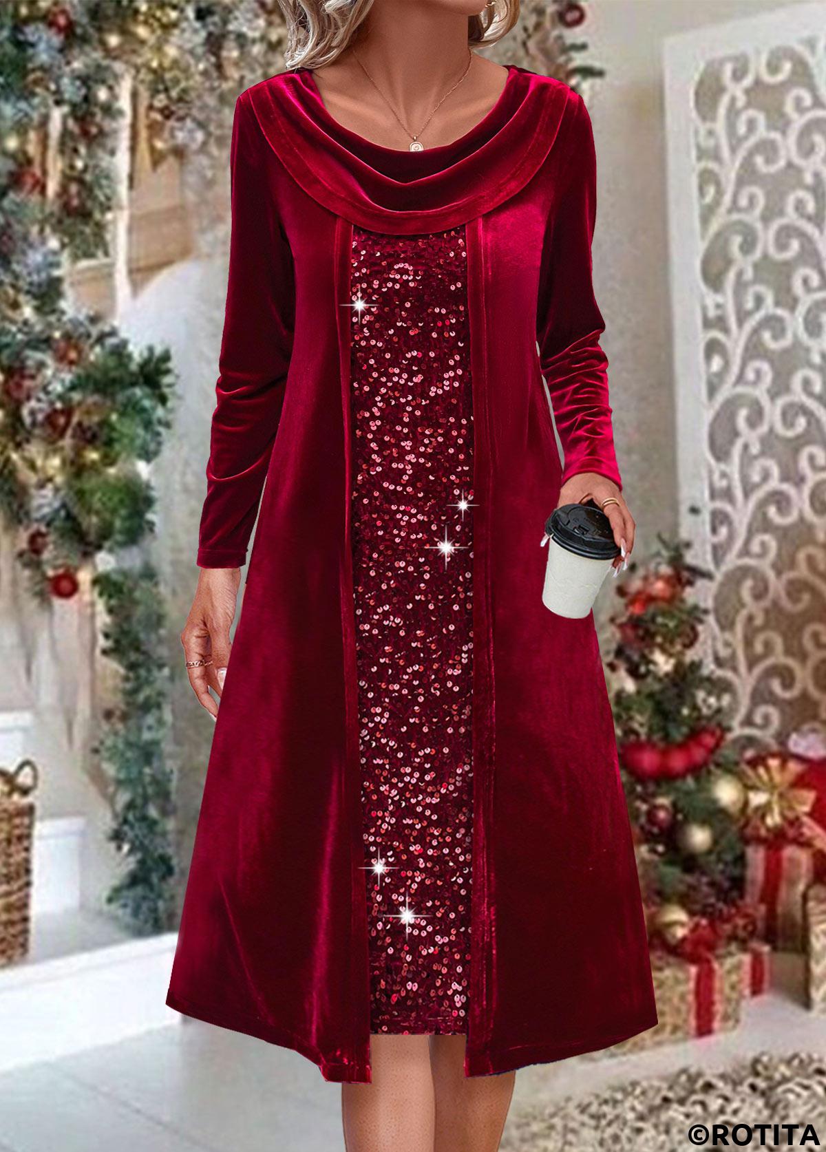 Wine Red dresses,Plain Color dresses,Everyday dresses,Casual dresses,ROTITA Sequin Wine Red A Line Draped Neck Dress