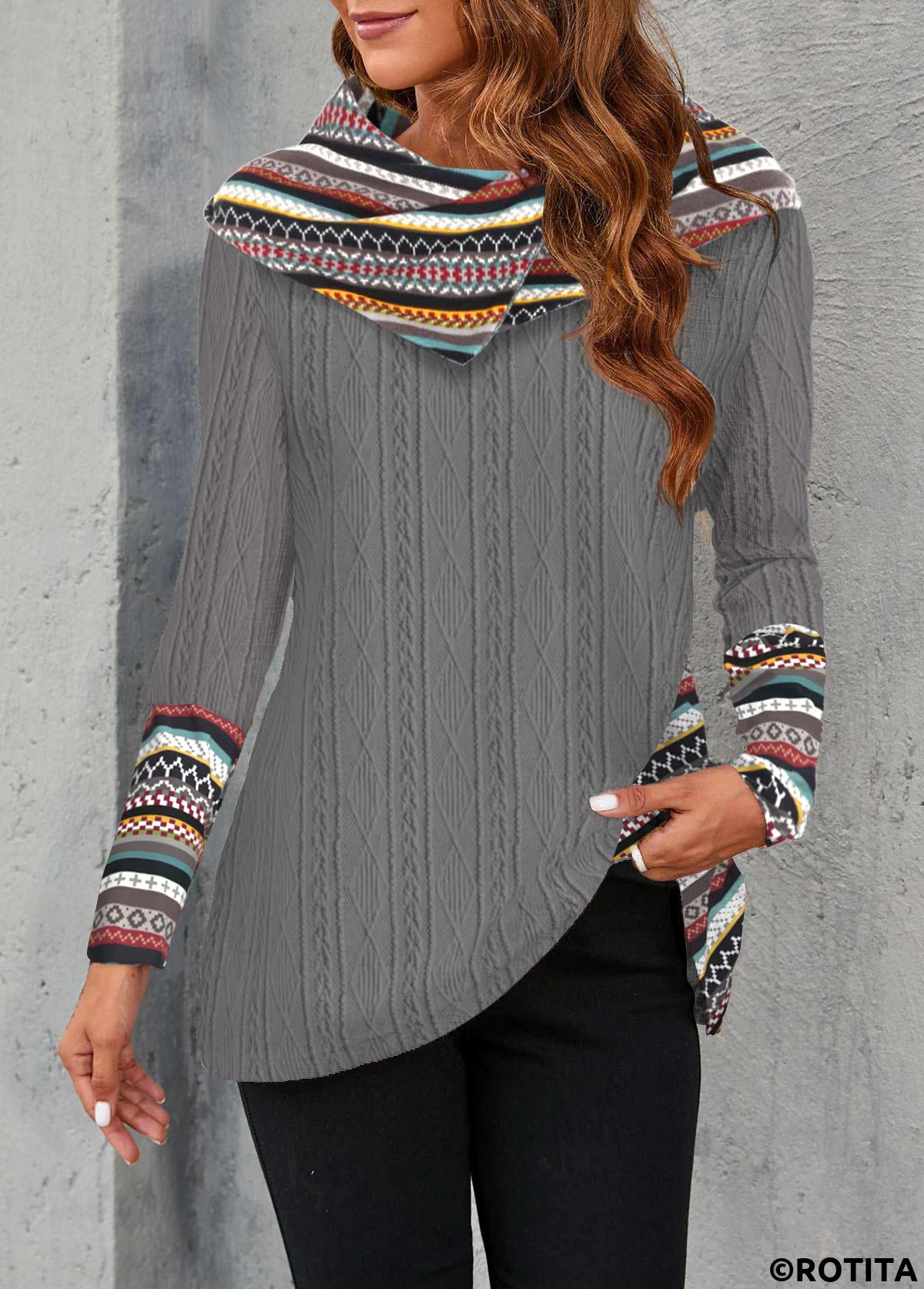 Dark Grey tops,Tribal tops,Geometric tops,Striped tops,ROTITA Patchwork Tribal Print Dark Grey Cowl Neck Sweatshirt