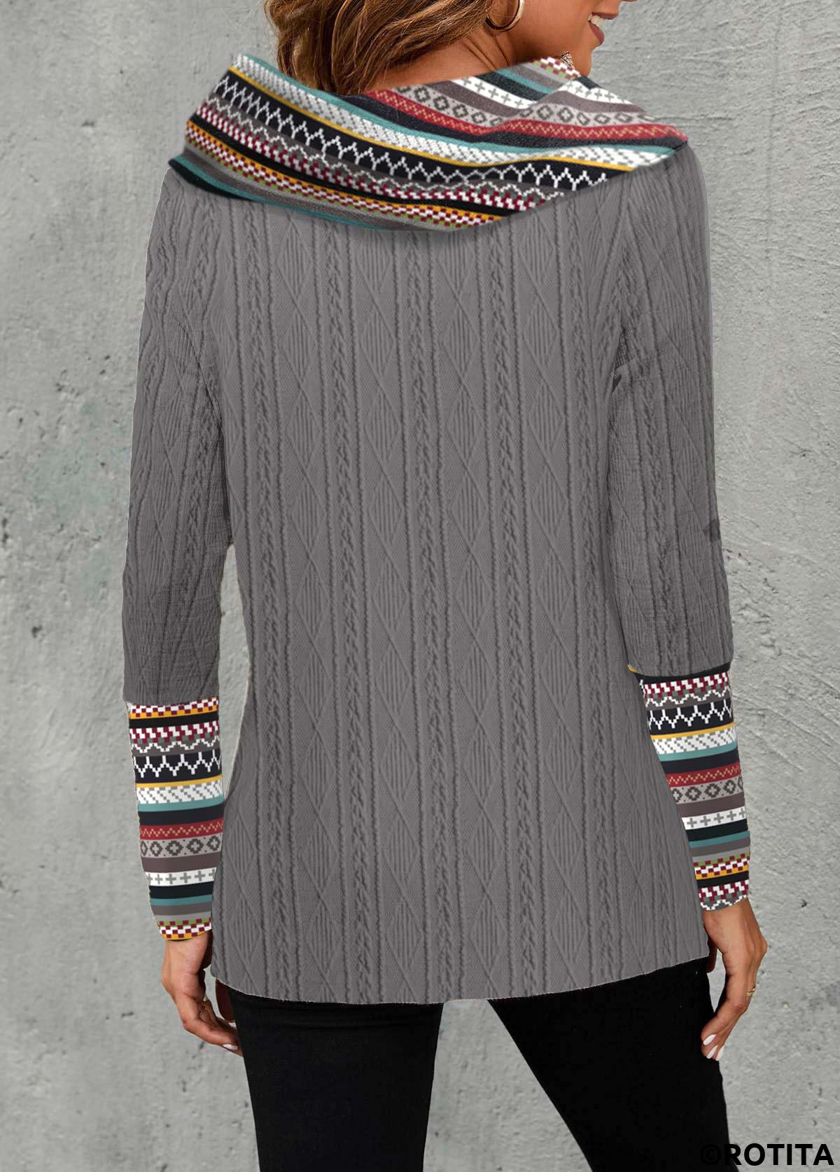 Dark Grey tops,Tribal tops,Geometric tops,Striped tops,ROTITA Patchwork Tribal Print Dark Grey Cowl Neck Sweatshirt