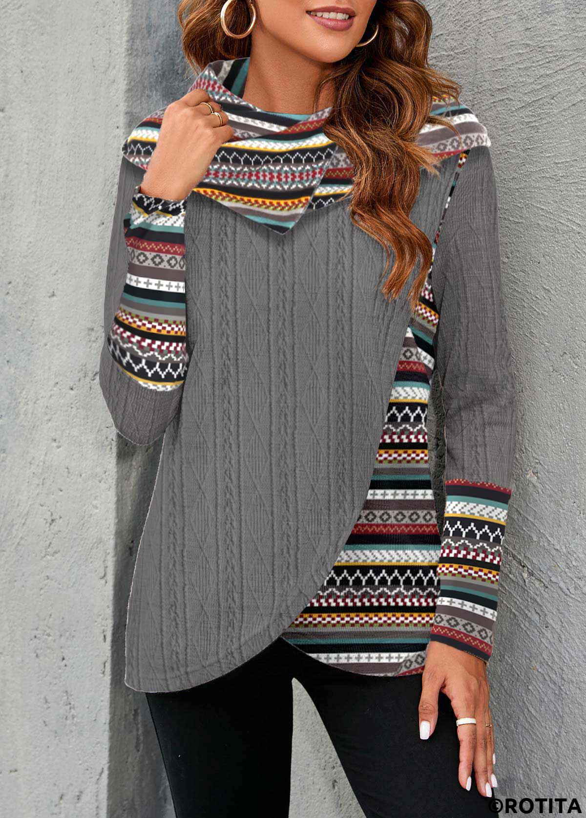 Dark Grey tops,Tribal tops,Geometric tops,Striped tops,ROTITA Patchwork Tribal Print Dark Grey Cowl Neck Sweatshirt