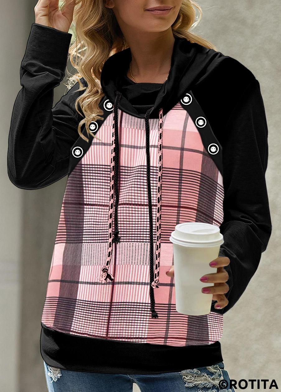 Pink tops,Black tops,Plaid tops,Striped tops,ROTITA Patchwork Plaid Pink Cowl Neck Long Sleeve Sweatshirt