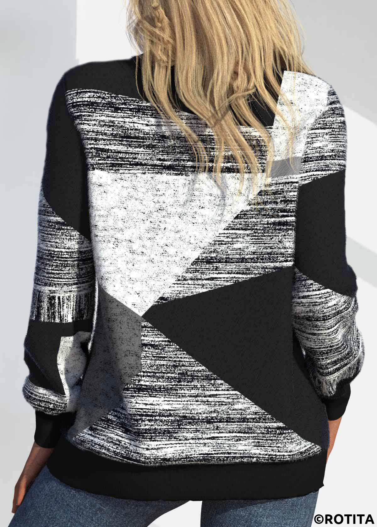 ROTITA Patchwork Geometric Print Black Round Neck Long Sleeve Sweatshirt