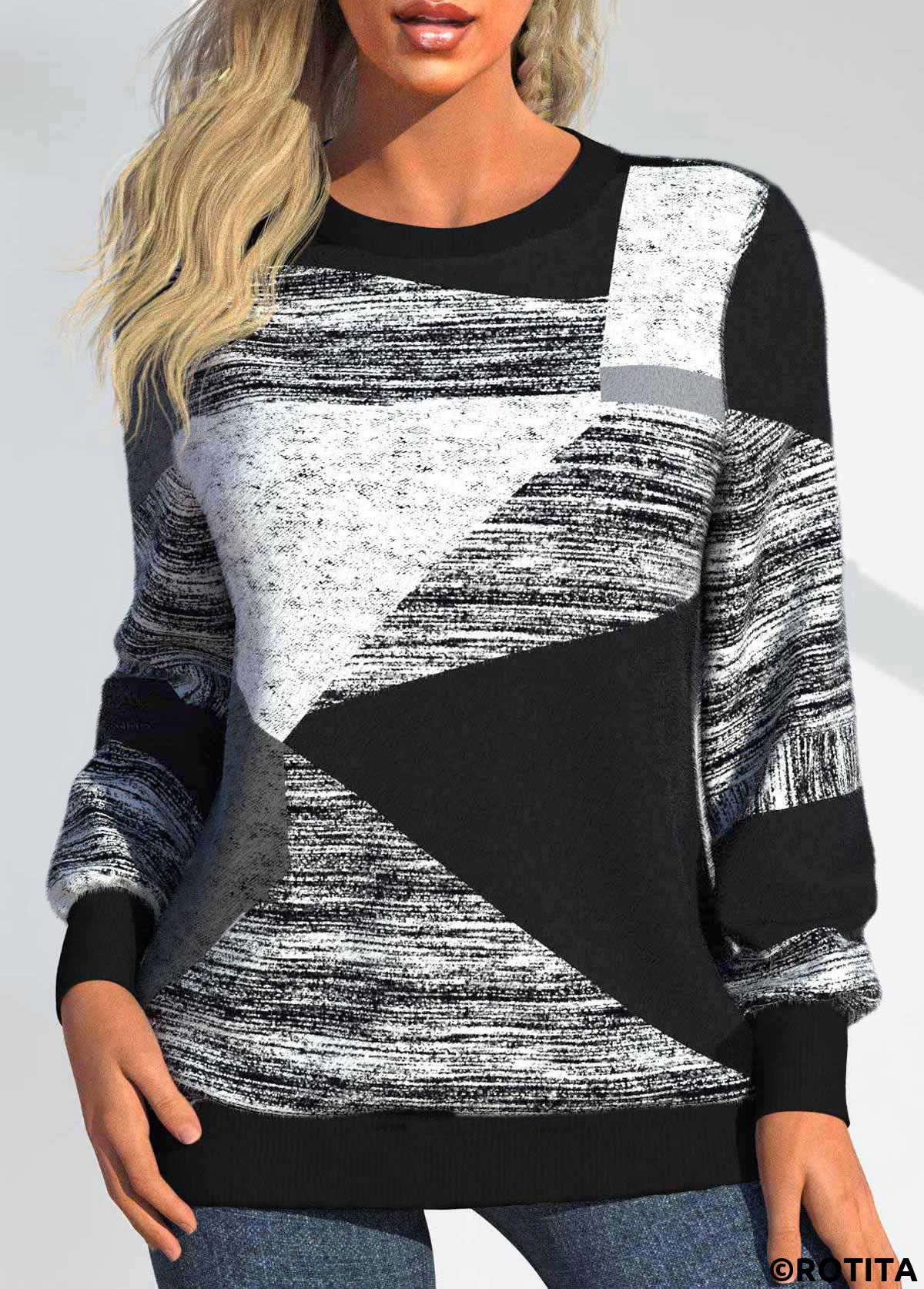 ROTITA Patchwork Geometric Print Black Round Neck Long Sleeve Sweatshirt
