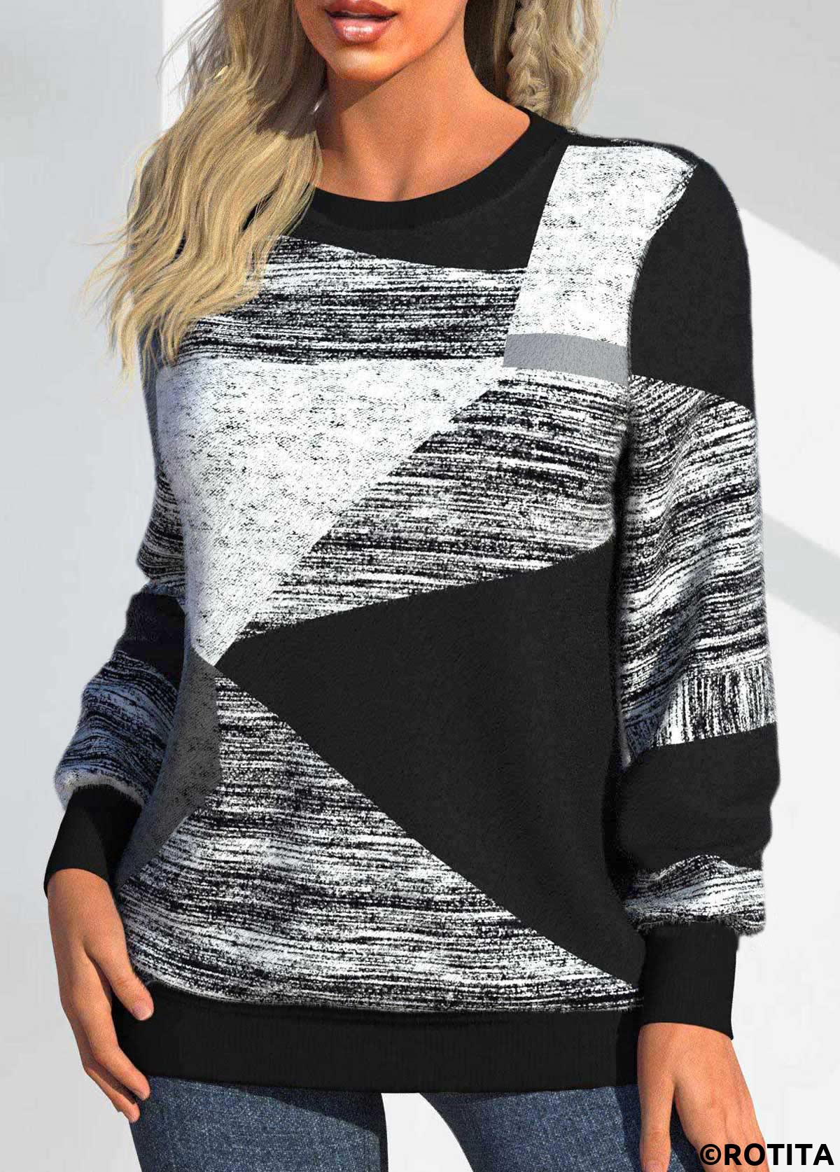 ROTITA Patchwork Geometric Print Black Round Neck Long Sleeve Sweatshirt