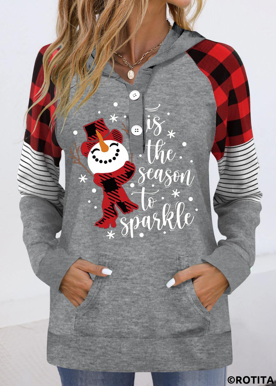Grey tops,Plaid tops,Christmas tops,Letter tops,Striped tops,ROTITA Patchwork Christmas Print Grey Long Sleeve Hoodie