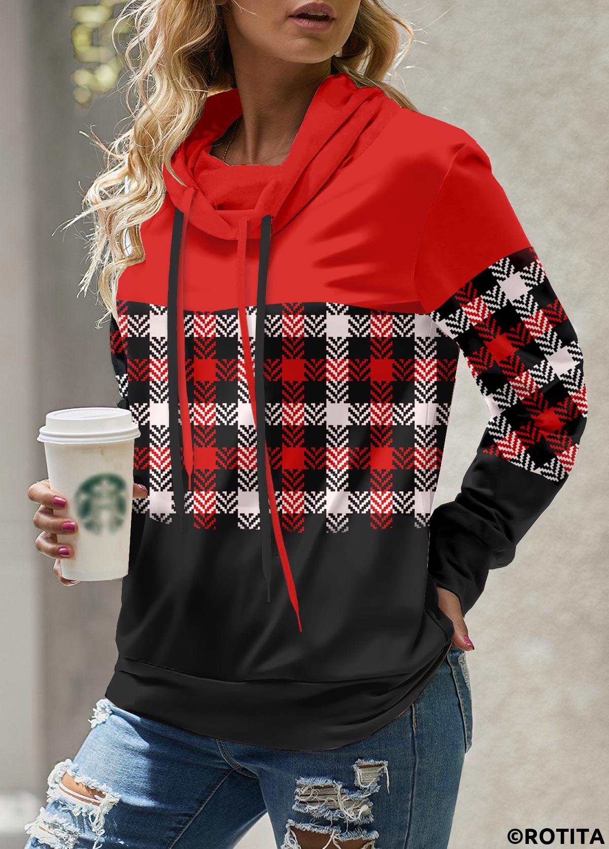 Red tops,Plaid tops,Geometric tops,Striped tops,ROTITA Patchwork Plaid Red Cowl Neck Long Sleeve Sweatshirt
