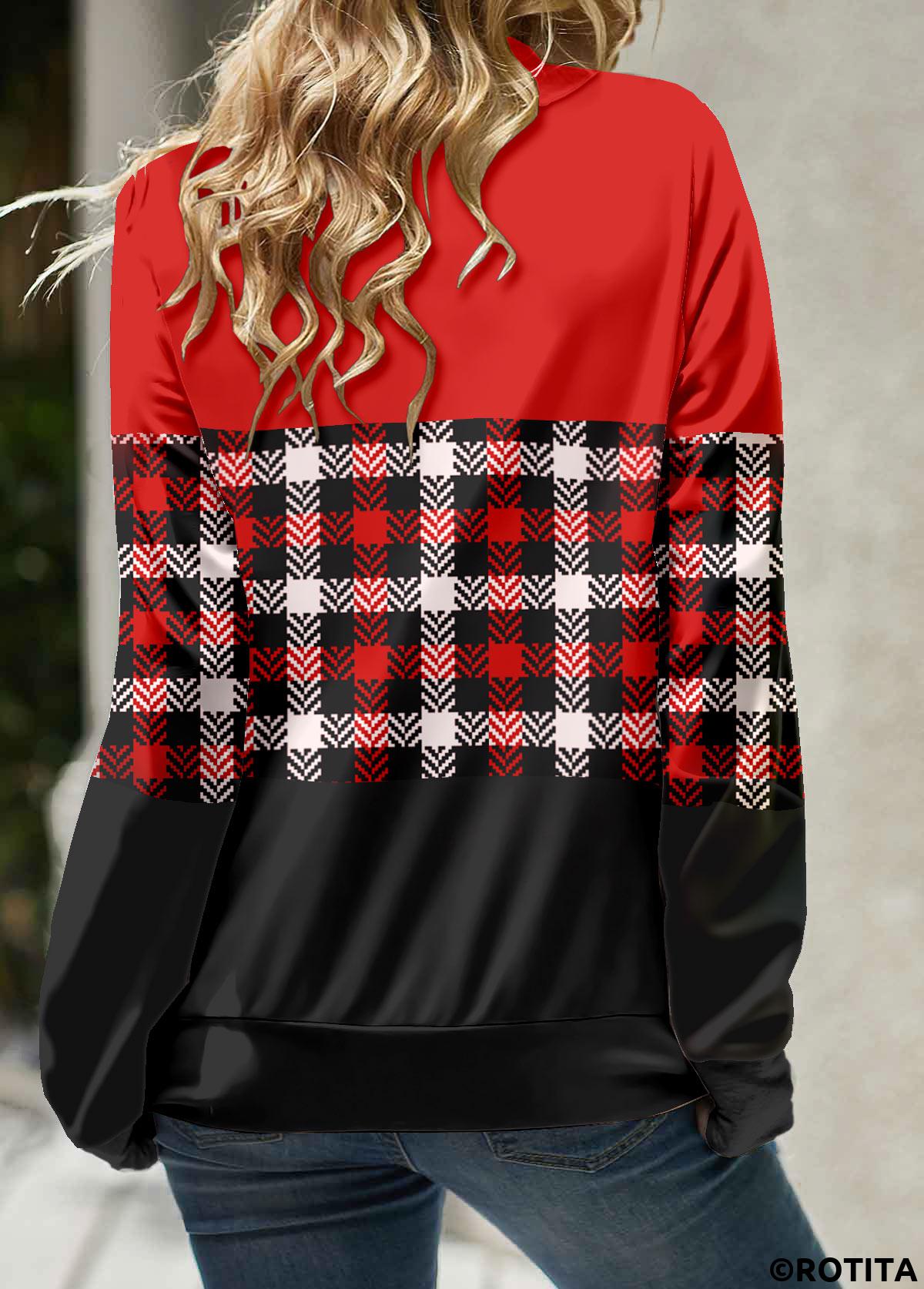 Red tops,Plaid tops,Geometric tops,Striped tops,ROTITA Patchwork Plaid Red Cowl Neck Long Sleeve Sweatshirt