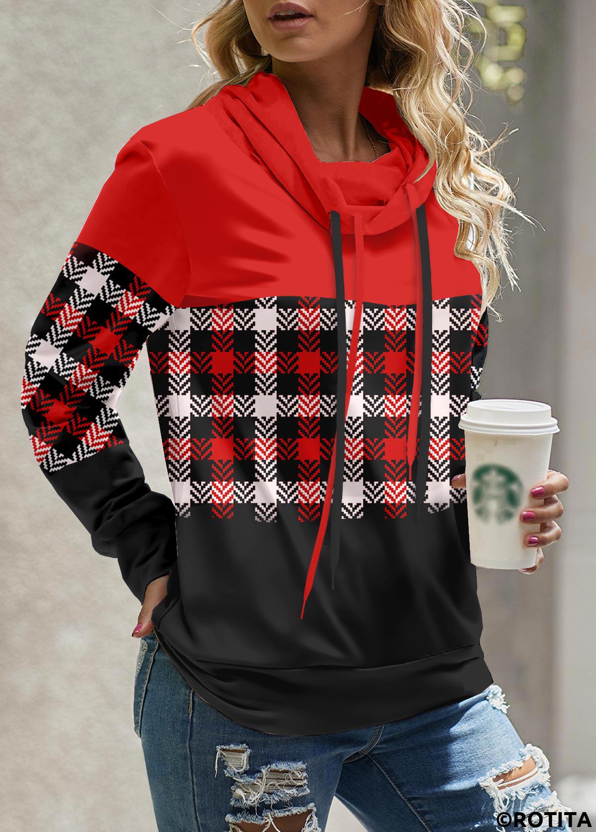 Red tops,Plaid tops,Geometric tops,Striped tops,ROTITA Patchwork Plaid Red Cowl Neck Long Sleeve Sweatshirt