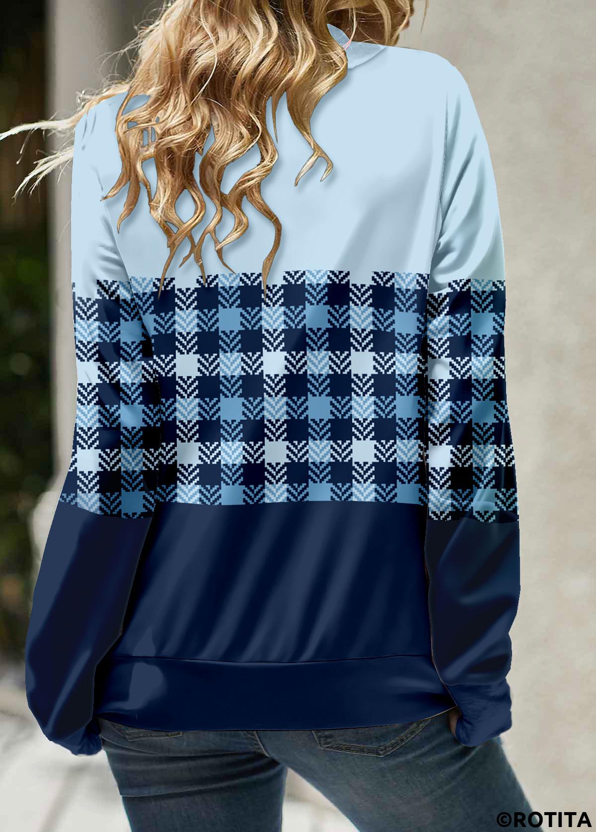 Light Blue tops,Plaid tops,Geometric tops,Striped tops,ROTITA Patchwork Plaid Light Blue Cowl Neck Long Sleeve Sweatshirt