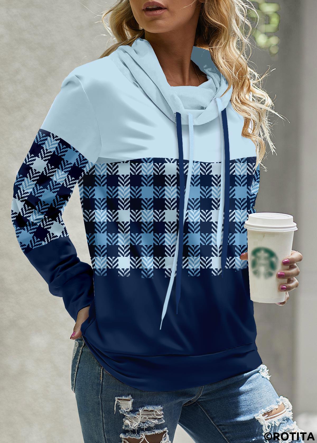 Light Blue tops,Plaid tops,Geometric tops,Striped tops,ROTITA Patchwork Plaid Light Blue Cowl Neck Long Sleeve Sweatshirt