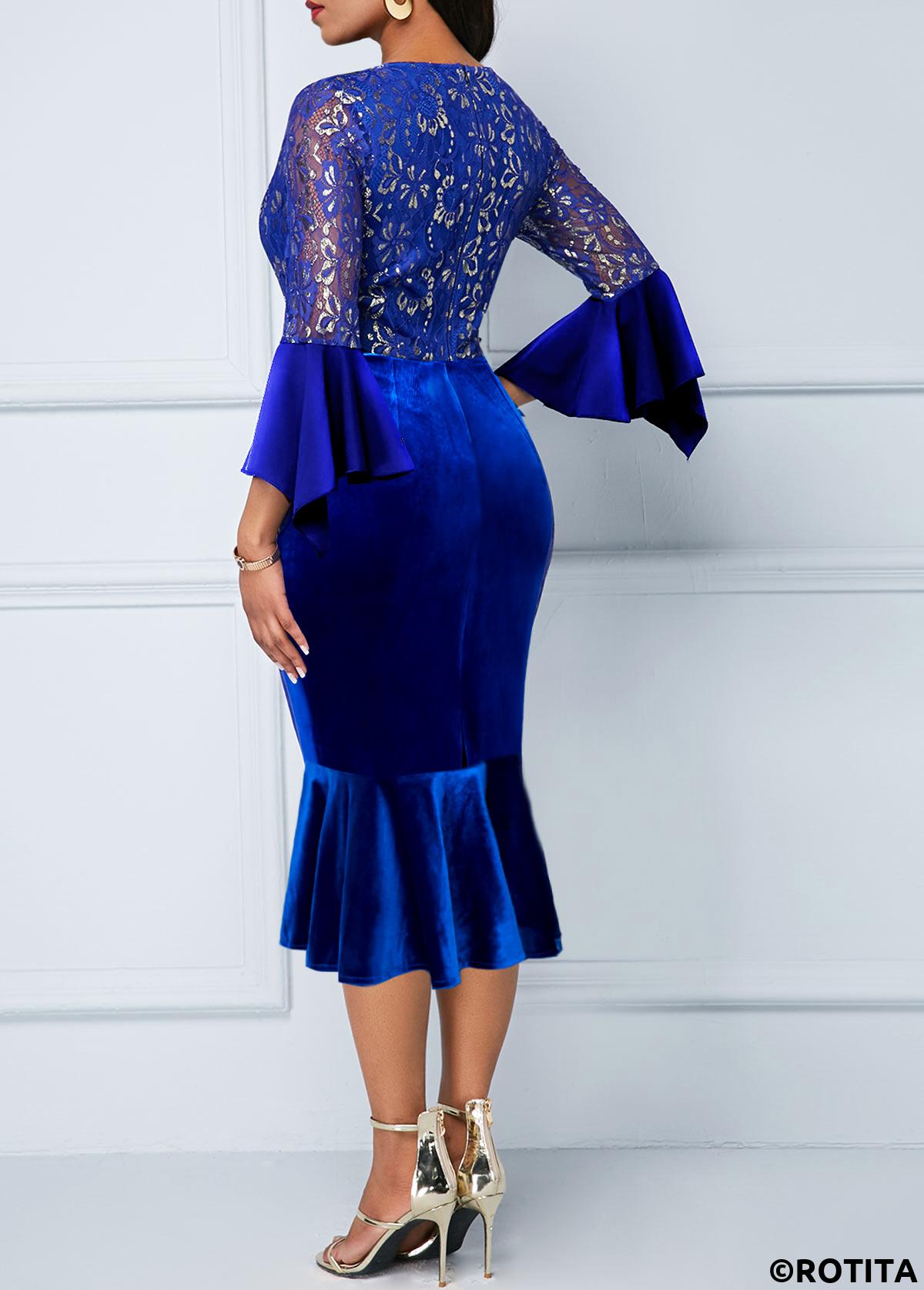 Royal Blue dresses,Plain Color dresses,Party dresses,Elegant dresses,ROTITA Velvet Royal Blue Split Neck Dress