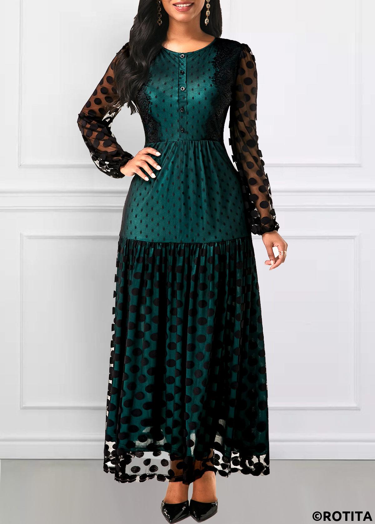 Blackish Green dresses,Black dresses,Dot dresses,Party dresses,Elegant dresses,ROTITA Button Polka Dot Blackish Green Round Neck Dress