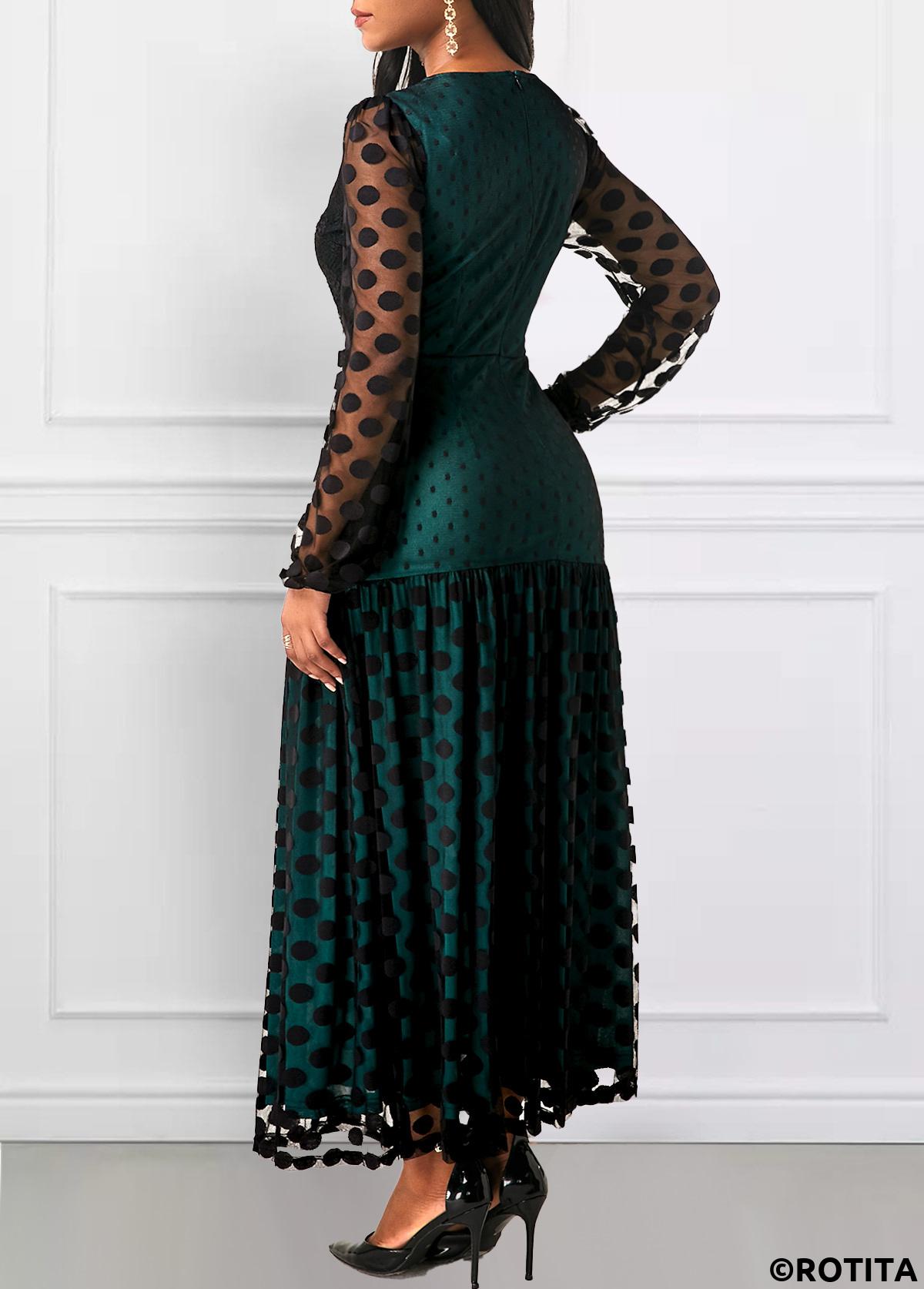 Blackish Green dresses,Black dresses,Dot dresses,Party dresses,Elegant dresses,ROTITA Button Polka Dot Blackish Green Round Neck Dress
