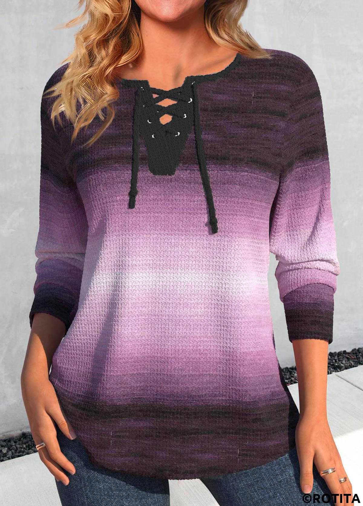 Purple tops,Ombre tops,ROTITA Lace Up Ombre Purple Long Sleeve T Shirt