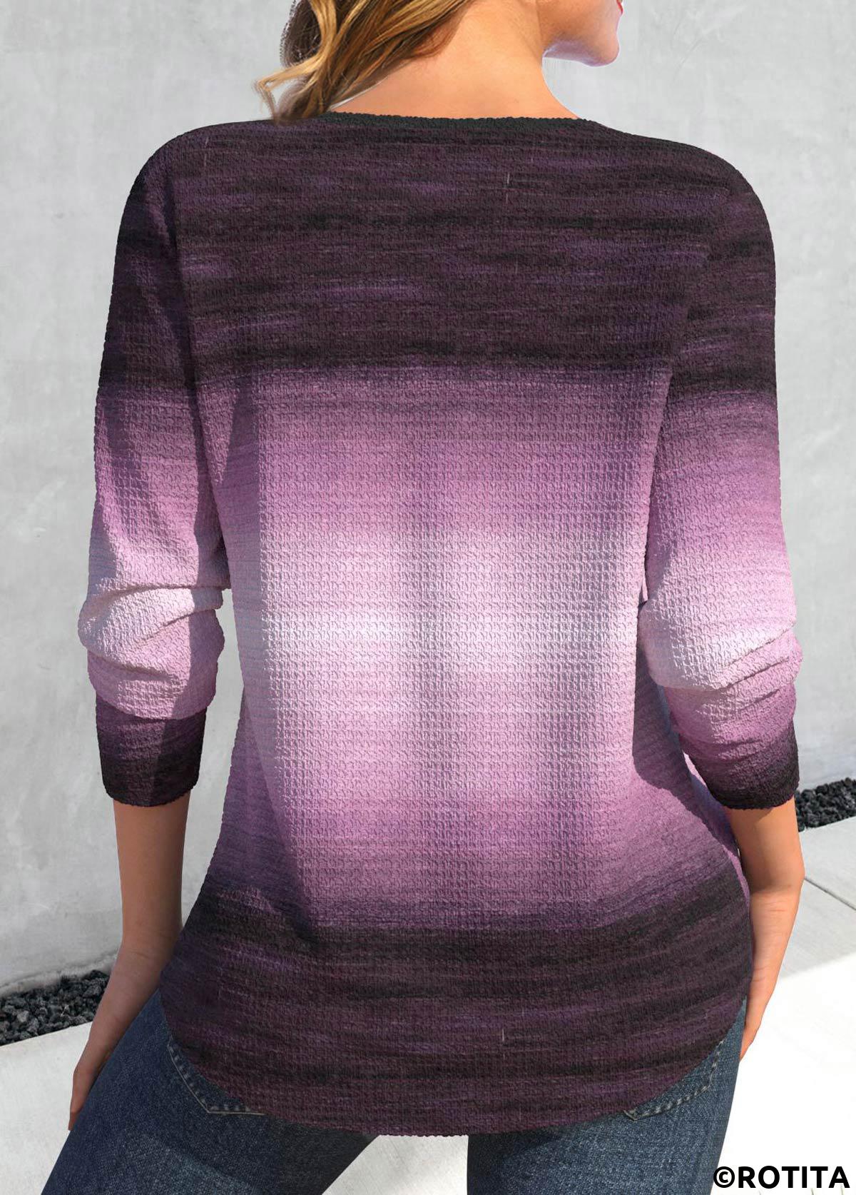 Purple tops,Ombre tops,ROTITA Lace Up Ombre Purple Long Sleeve T Shirt