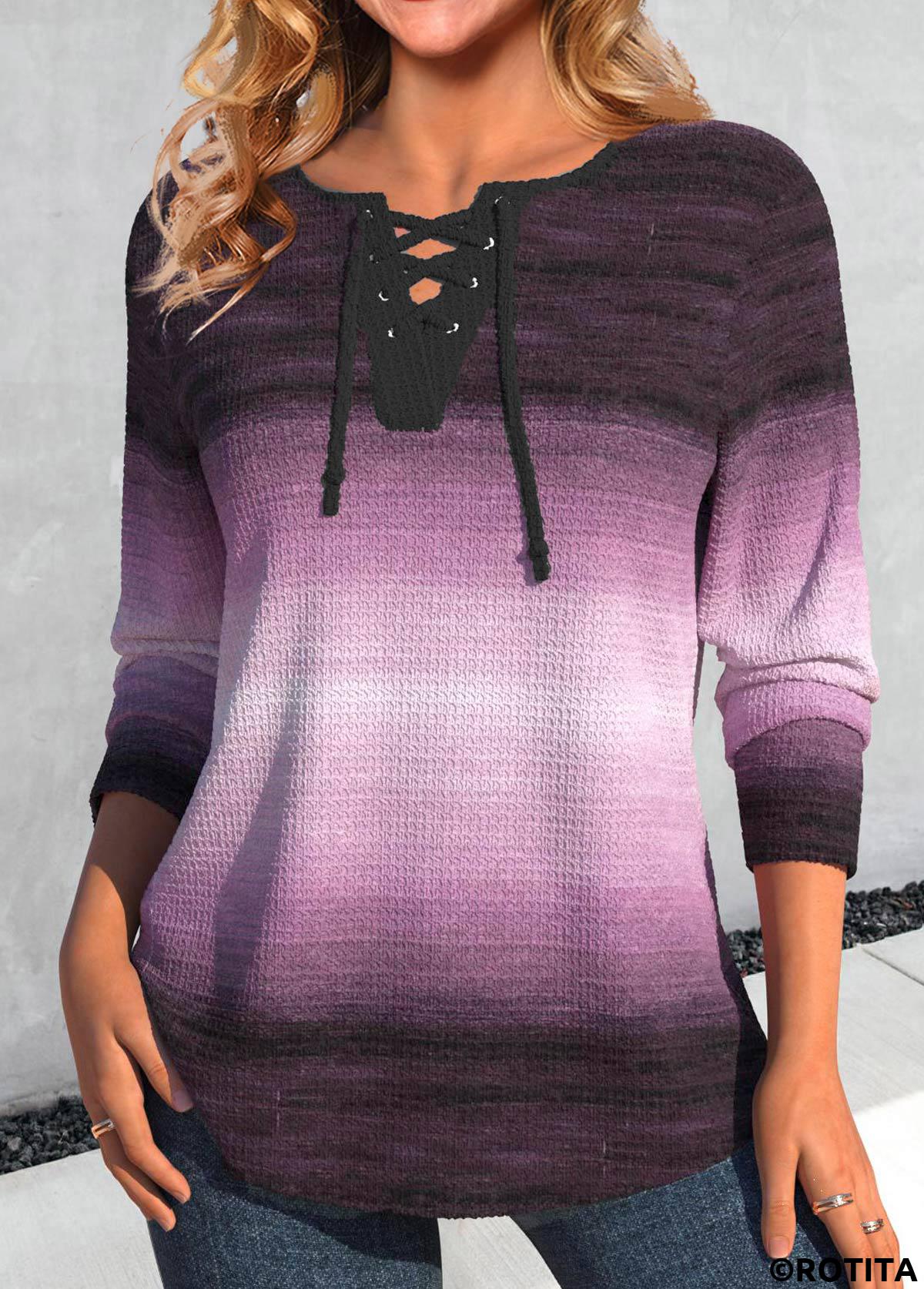 Purple tops,Ombre tops,ROTITA Lace Up Ombre Purple Long Sleeve T Shirt