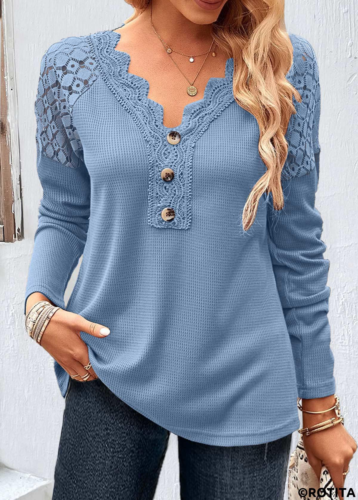 Dusty Blue plus size,Plain Color plus size,ROTITA Plus Size Lace Dusty Blue V Neck T Shirt